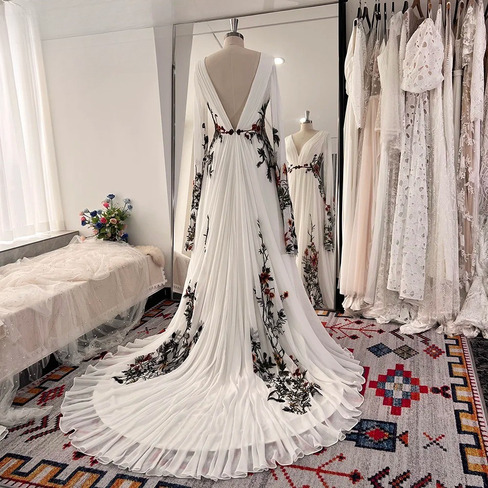 Black Wedding Dresses Long Sleeves A Line Colored Floral Embroidered Bridal Gown