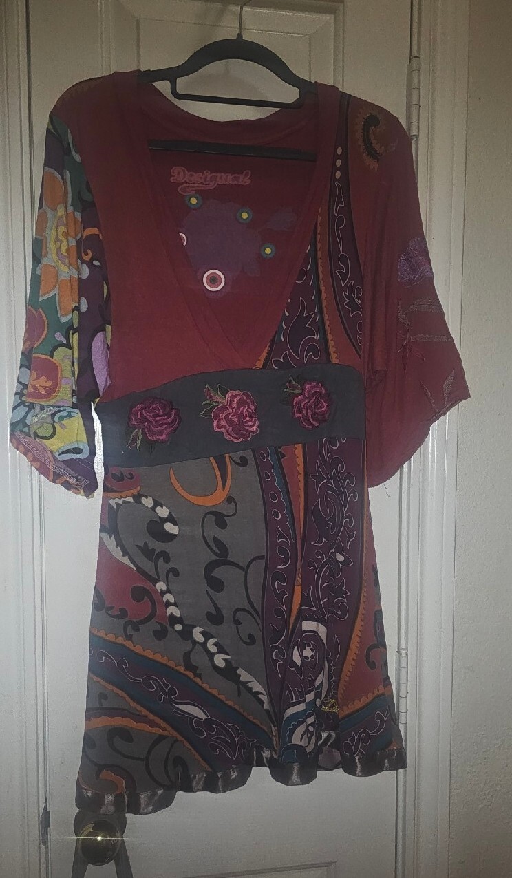 Desigual Size A-Line Plunge Batwing Vintage Gypsy Boho Hippy Midi Dress M/L