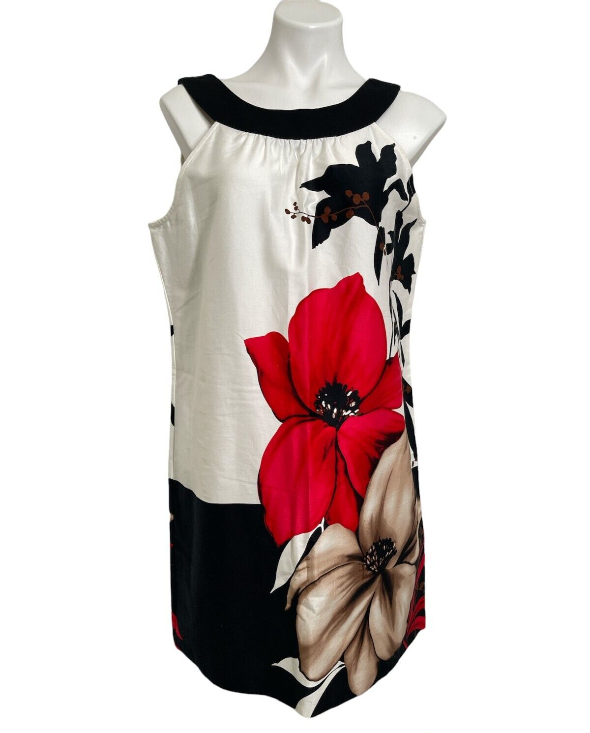 I.N. Studio Mini Dress Sz 12 Red Black Brown Foliage Sleeveless Cotton Stretch