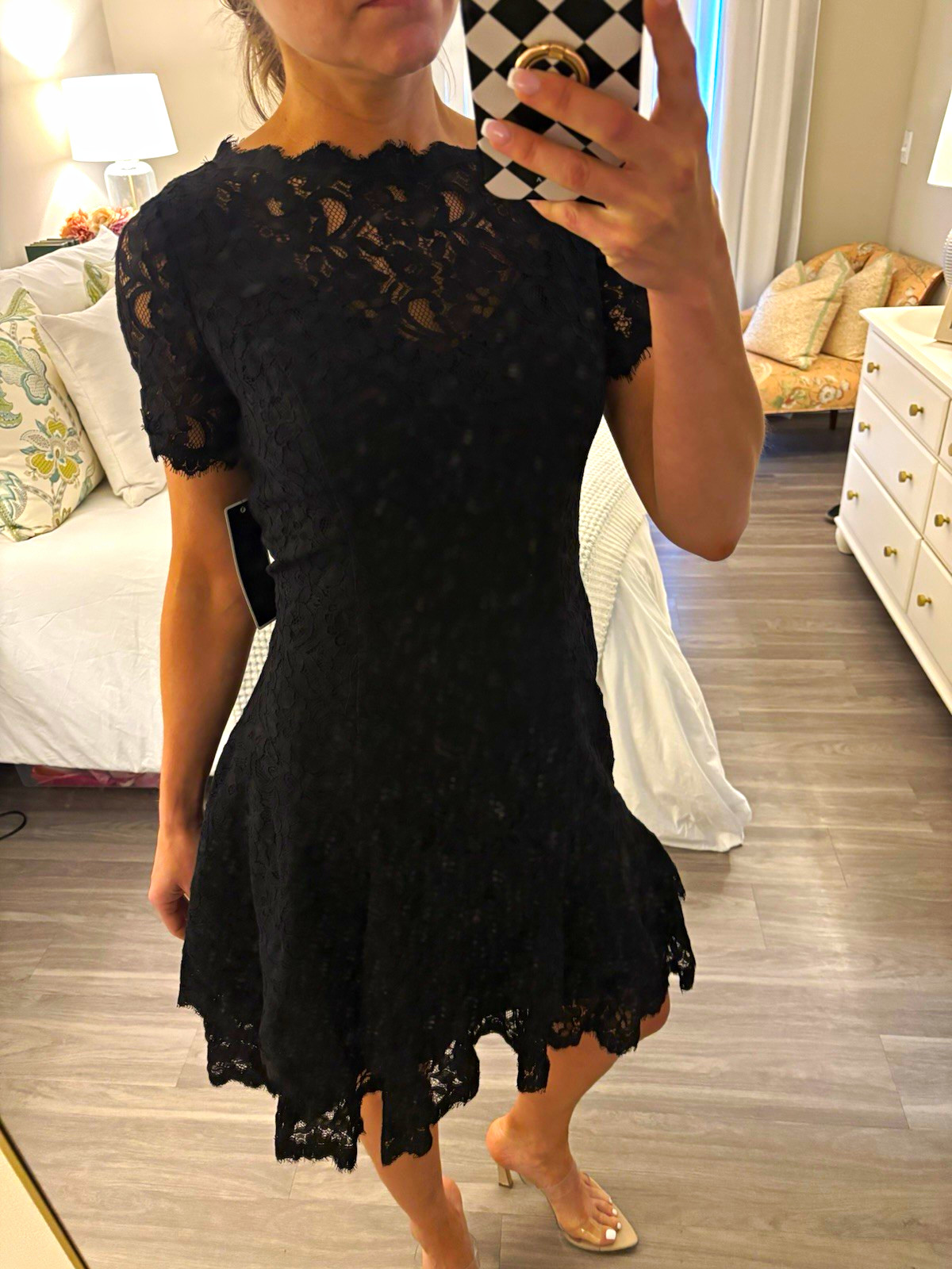 Focus by Shani Black Floral Lace Fit & Flare Knee Dress Short Sleeve Zip 8