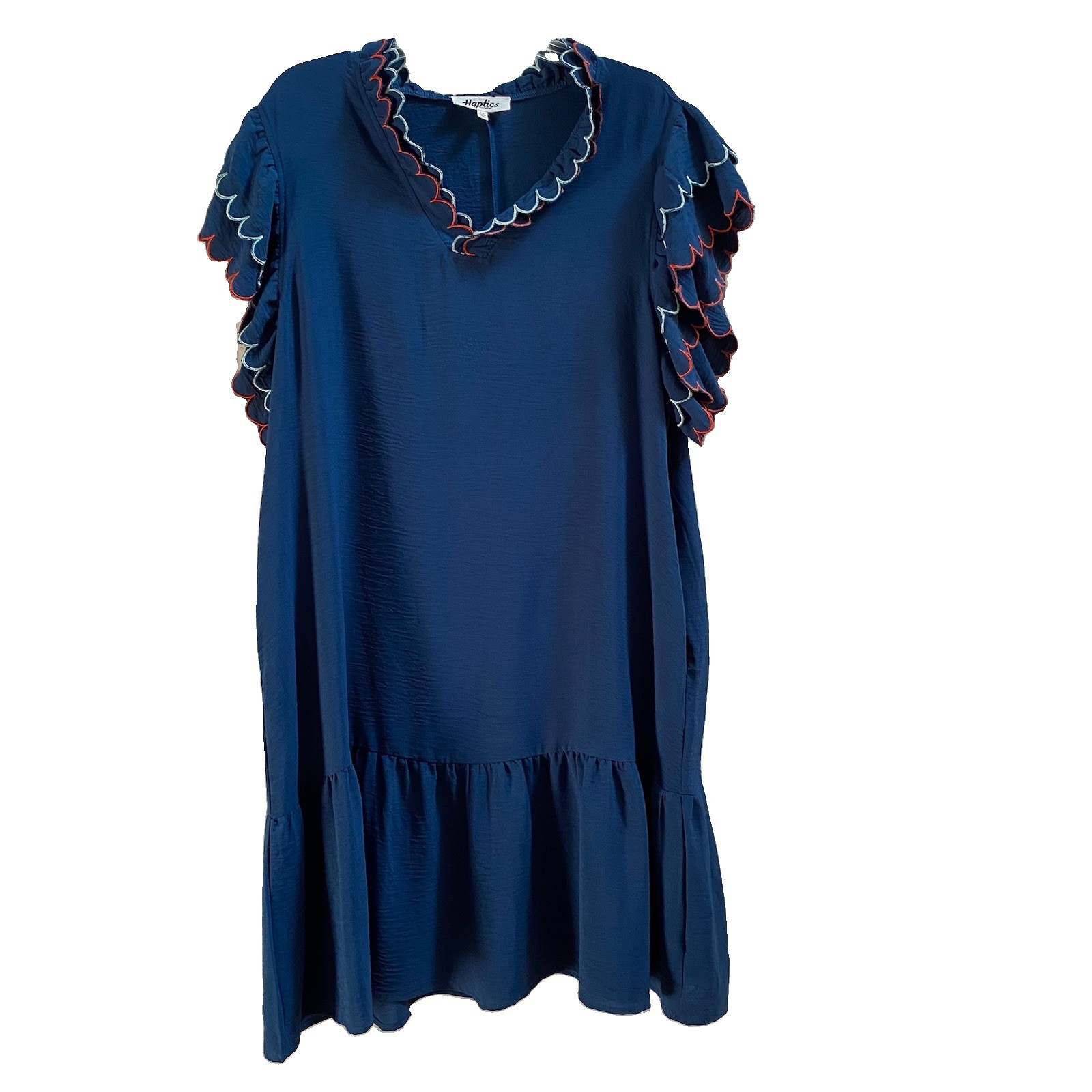 Blue Sleeveless Dress with Ruffles. Haptics by Holly Harper. Plus Size 1X.