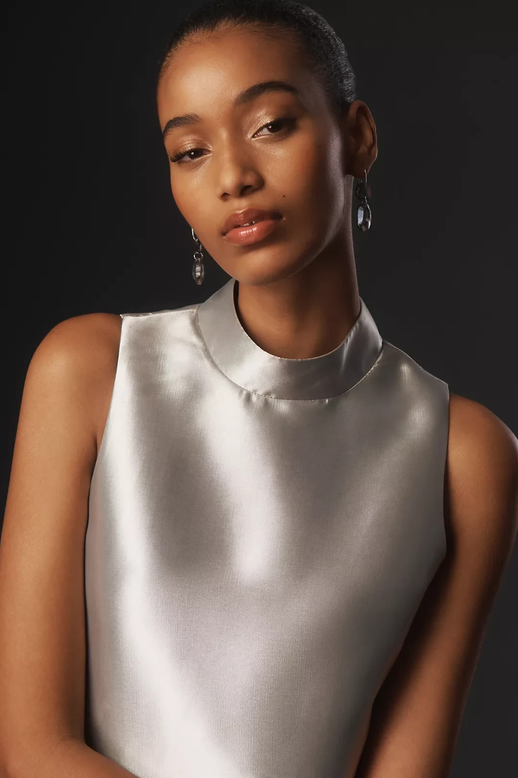 NWT Anthropologie ALIGNE Blaze High-Neck Drop-Waist Satin Mini Dress 12 Silver