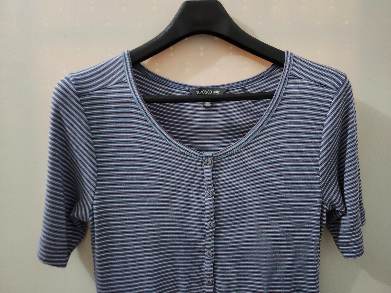 Toad Co Dress Womens L Blue Daisy Rib Flare Skater Henley Stripe Stretch Pocket