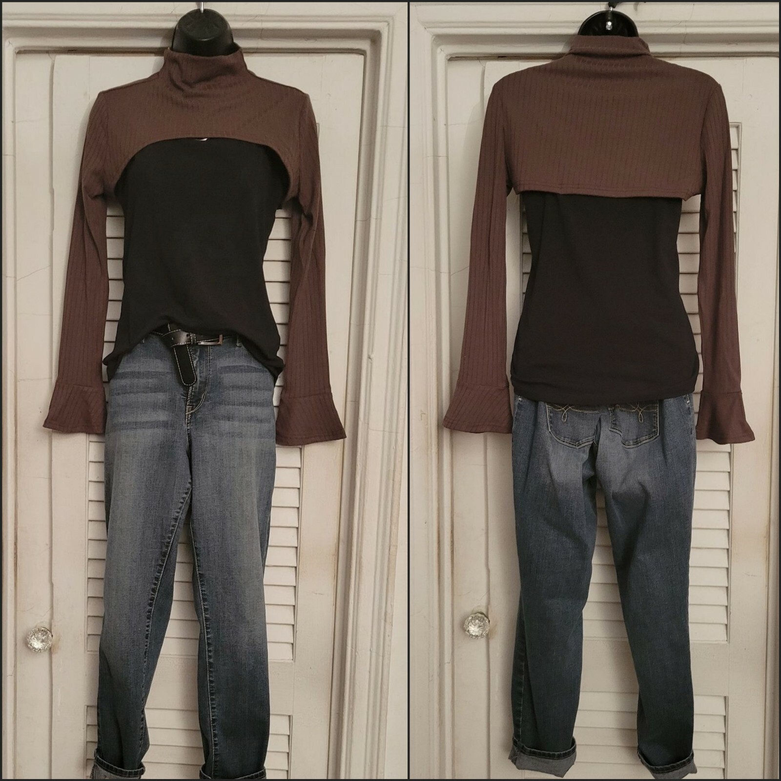 2 Piece Mocha Brown Ribbed Mock Neck Cutout Front Back High Split Maxi Dress L