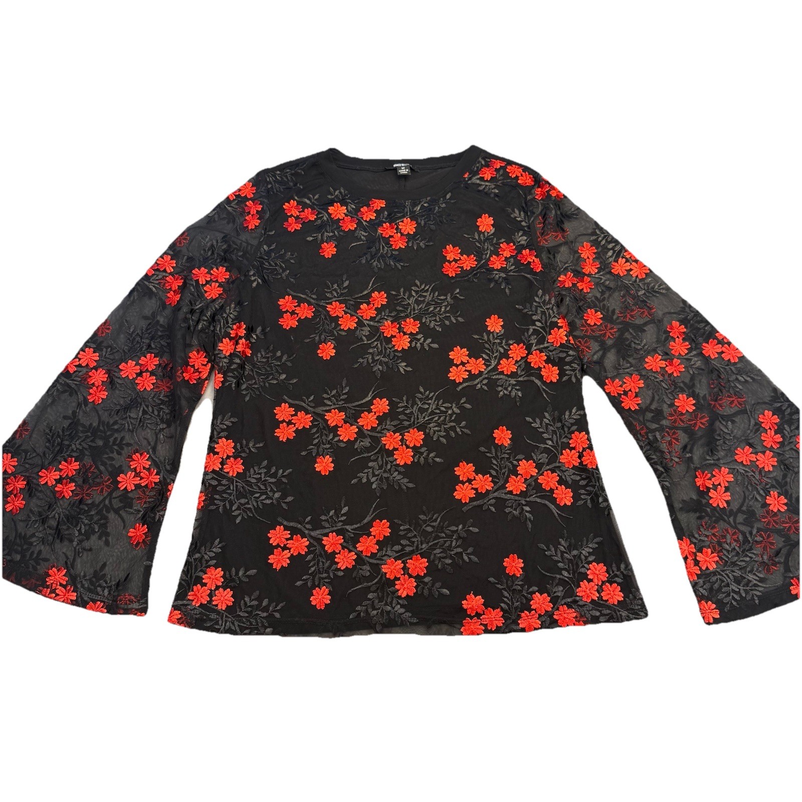 Lace Embroidered Black Red Floral Long Sleeve Sheer Top Blouse Size M Metrostyle