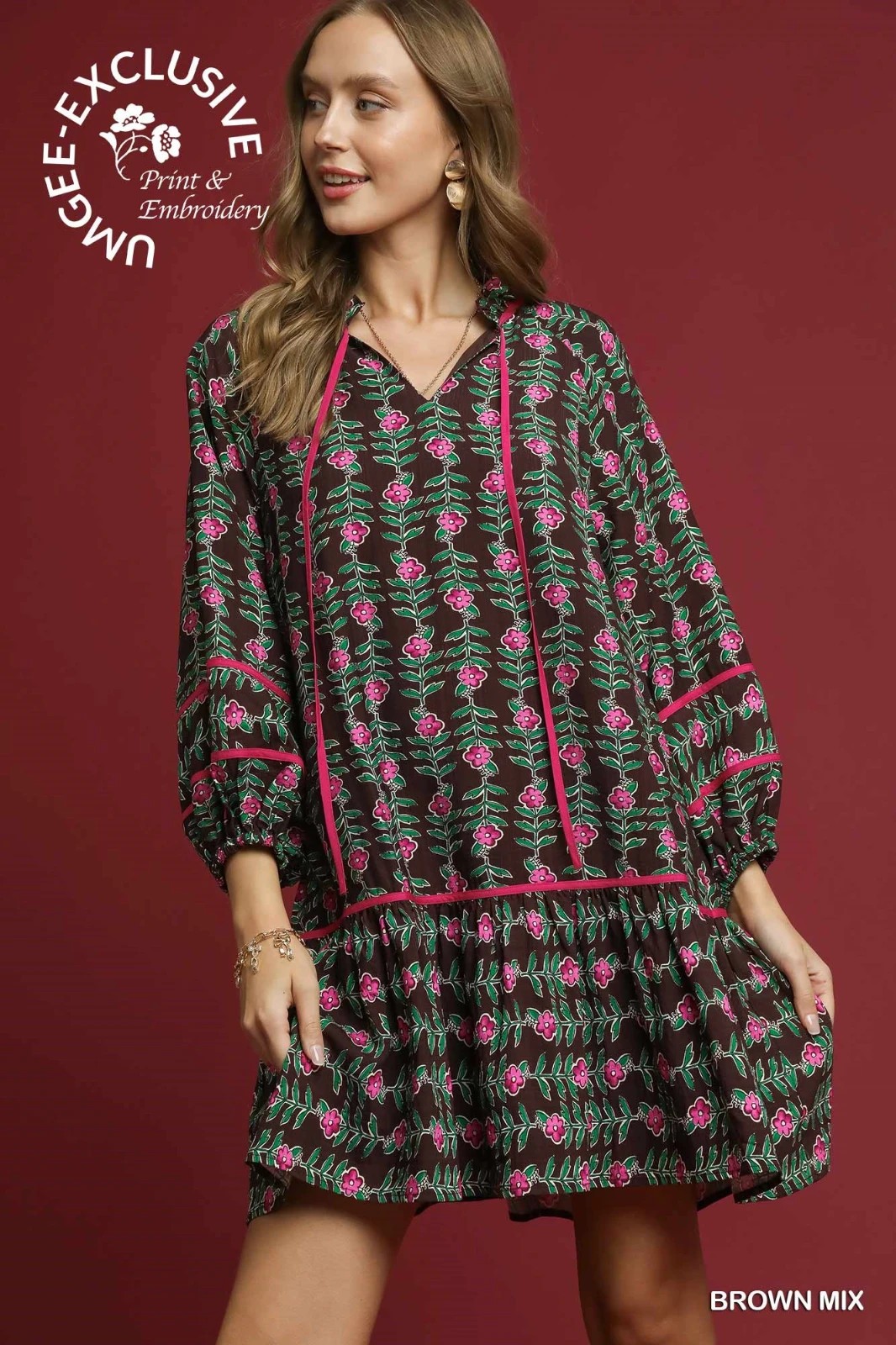 Umgee Brown Multi Floral Vine Boho Dress with V Neckline & Tiered Ruffle Skirt