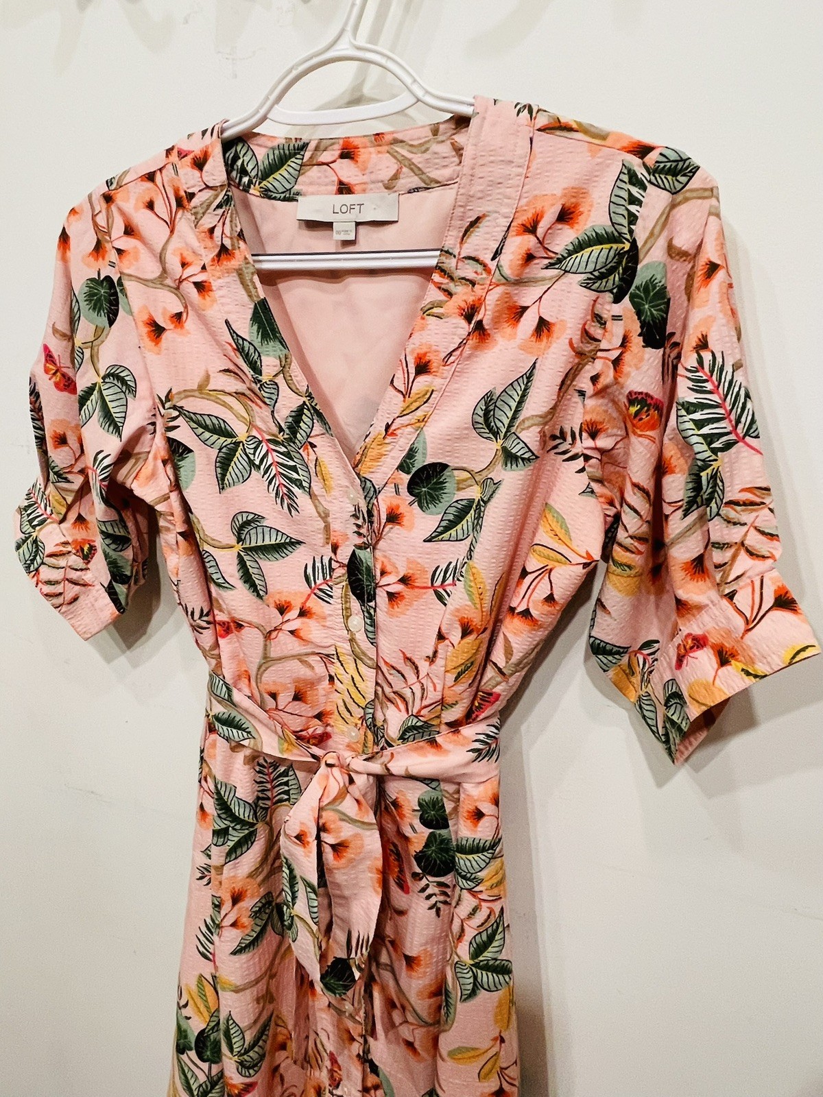 ANN TAYLOR LOFT LEAFED DOBBY STRIPE MIDI TROPICAL FLORAL SHIRTDRESS DRESS SZ 00