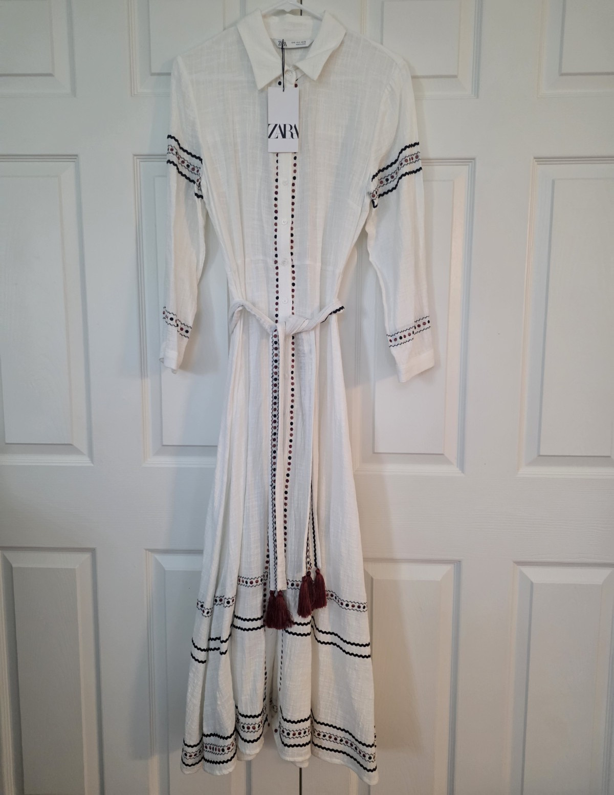 Zara White Cotton Maxi Shirt Dress Embroidered Tassel Belted Size S