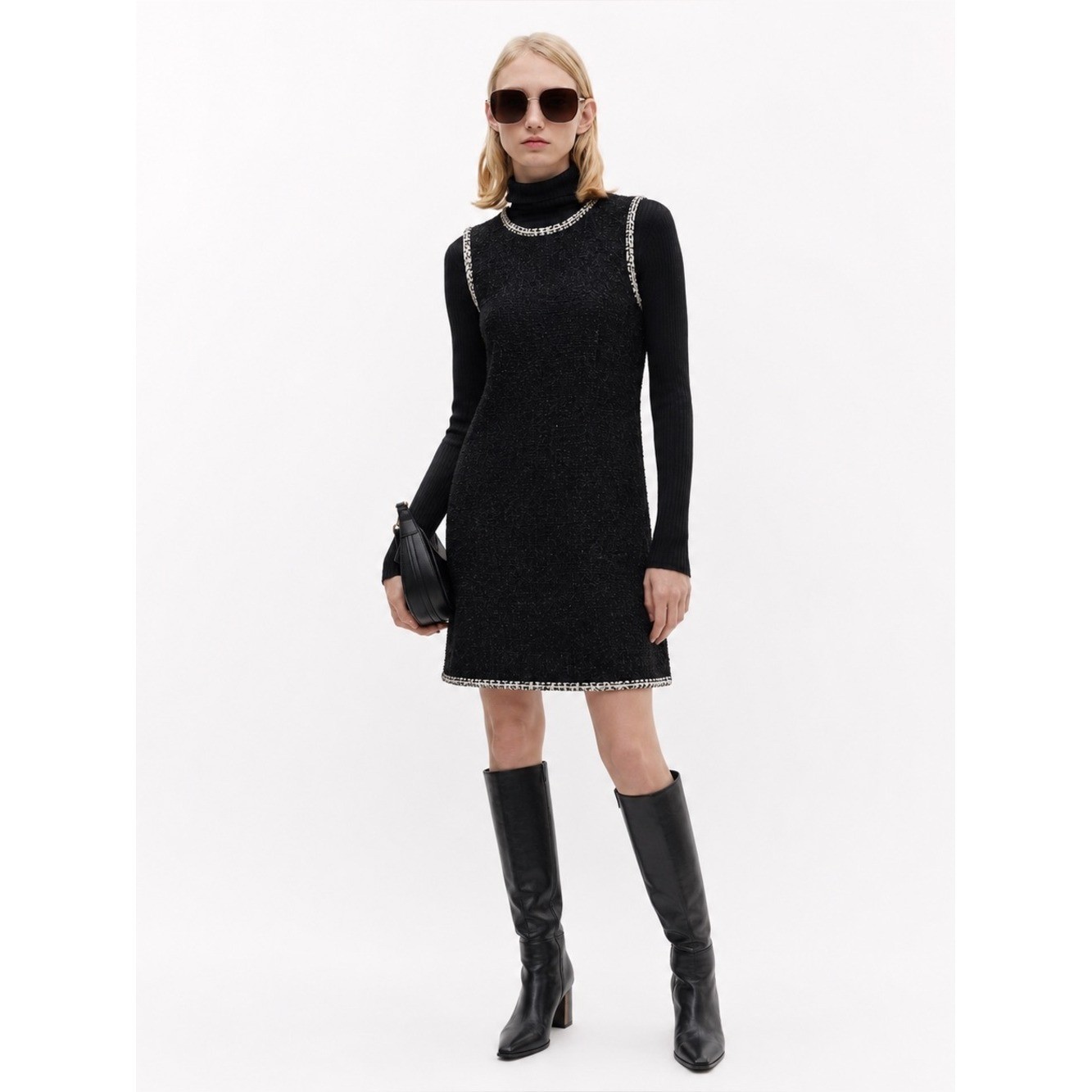 NWT Ellen Tracy Black Textured Bouclé Sheath Dress Silver Trim