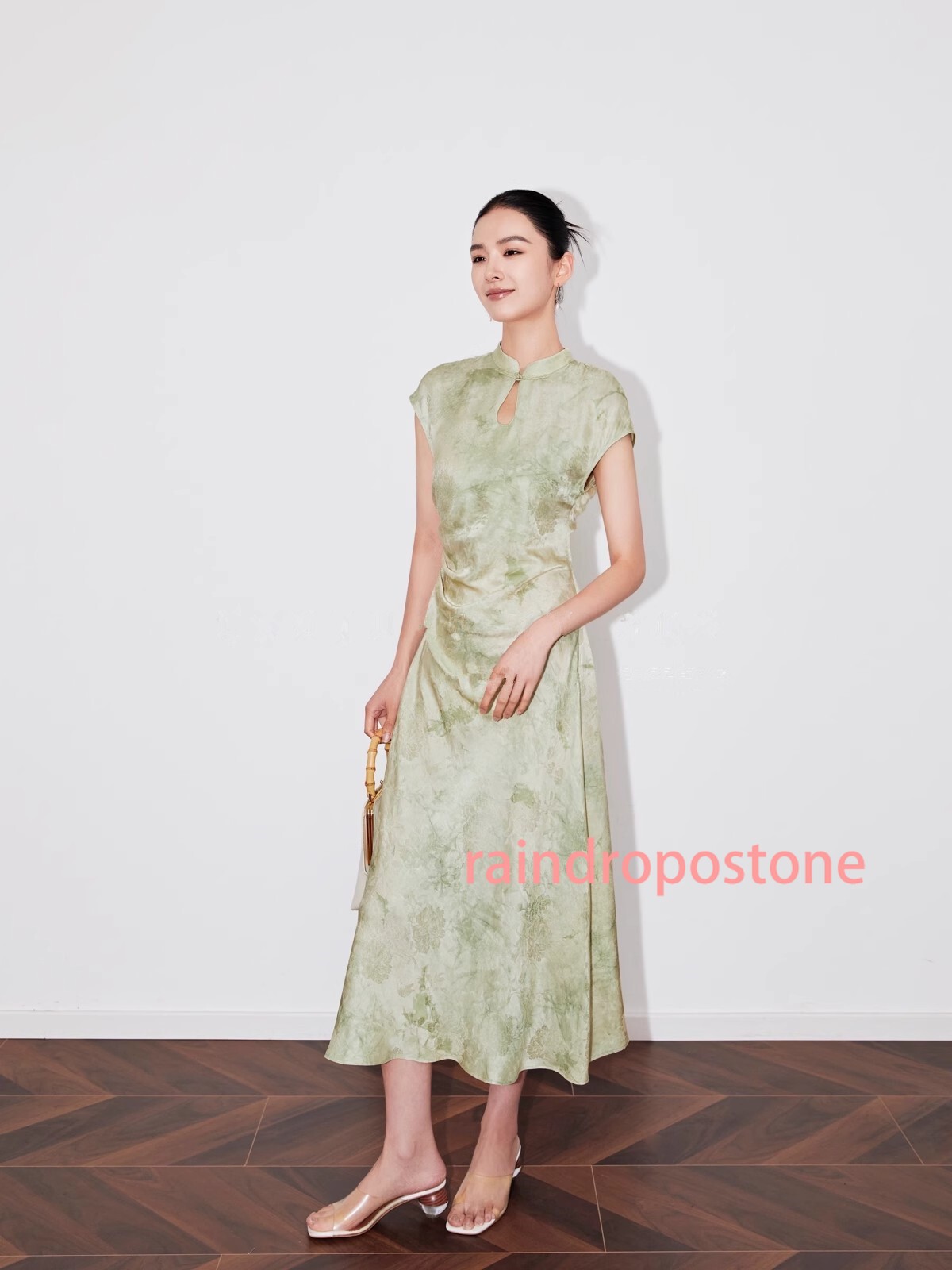 Womens Stand Collar Floral Printed Mid Long Dress Sleeveless Retro Chinese Style