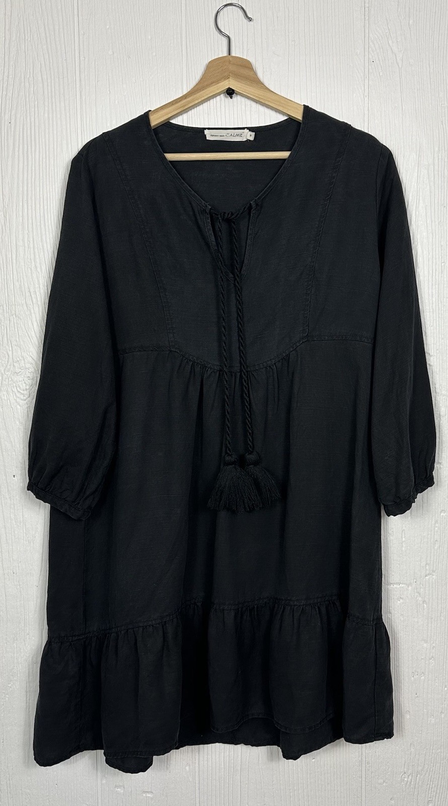 JOHNNY WAS Calme Black Lyocell Linen Tassel Mini Dress Size Medium