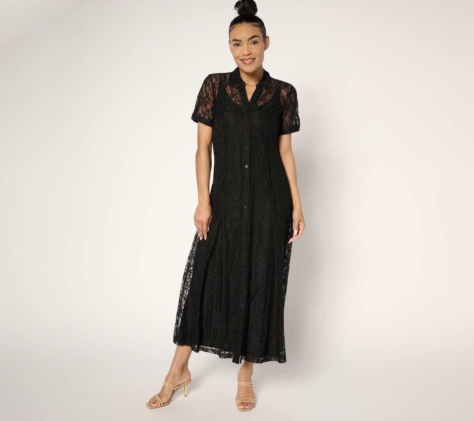 Susan Graver Regular Stretch Lace Button Front Midi Dress Black S New