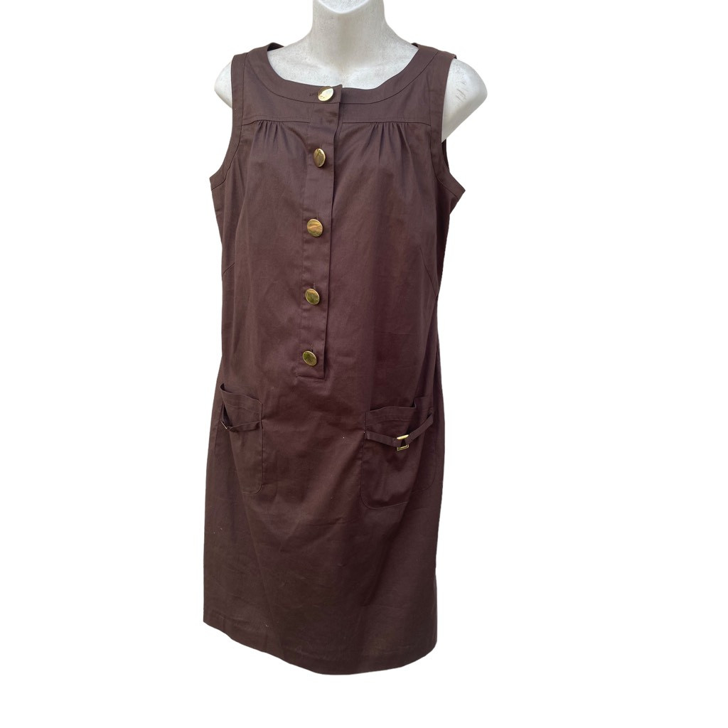 Peter Martin Womens Shift Dress Brown Stretch Jewel Neck Button Buckle 4 New