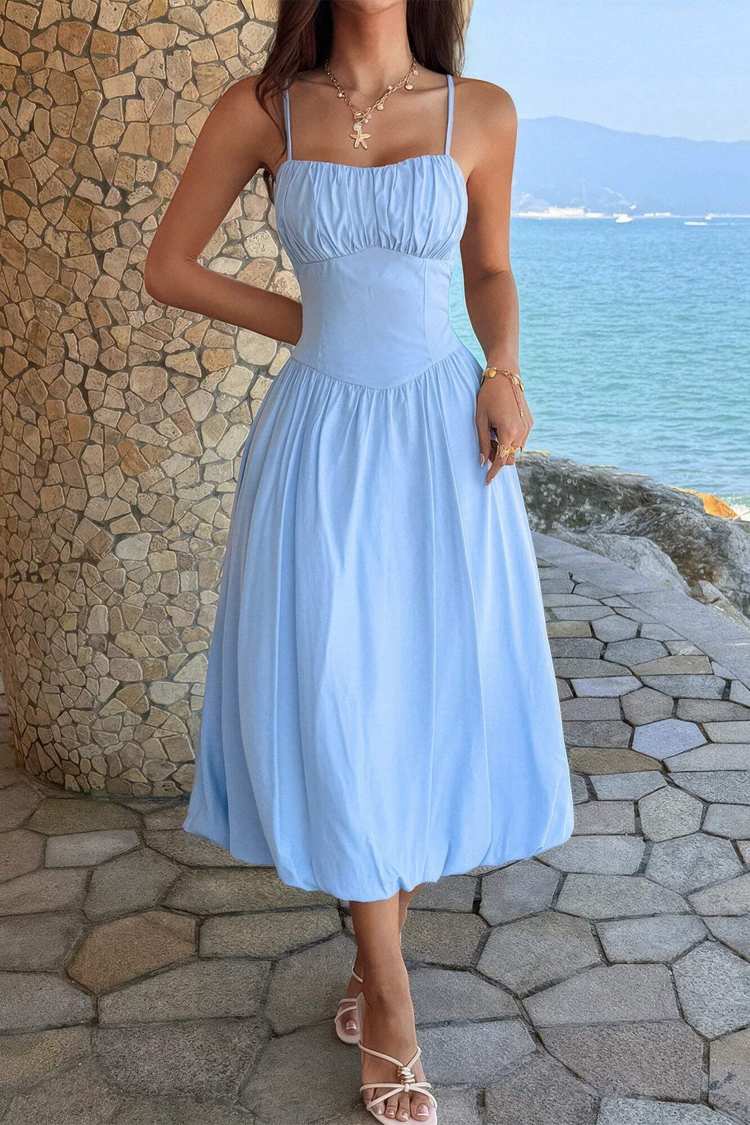 Women’s Square Neck Sleeveless Ruched Bust A-Line Midi Dress Open Back