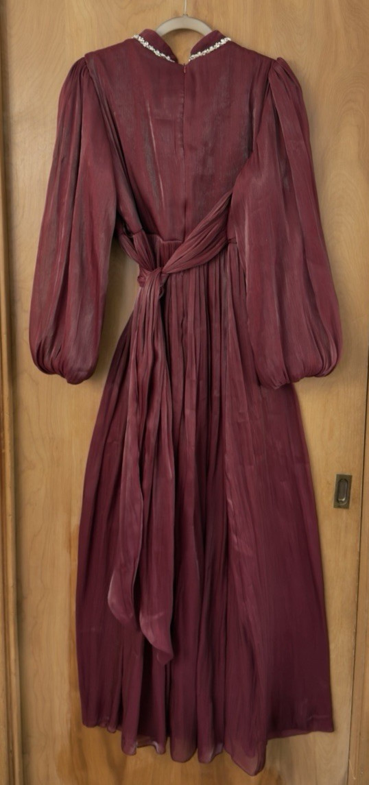 Amine Huma Women’s Long Chiffon Embellished Wrap Dress Burgundy Sz 46 US 16 NWT