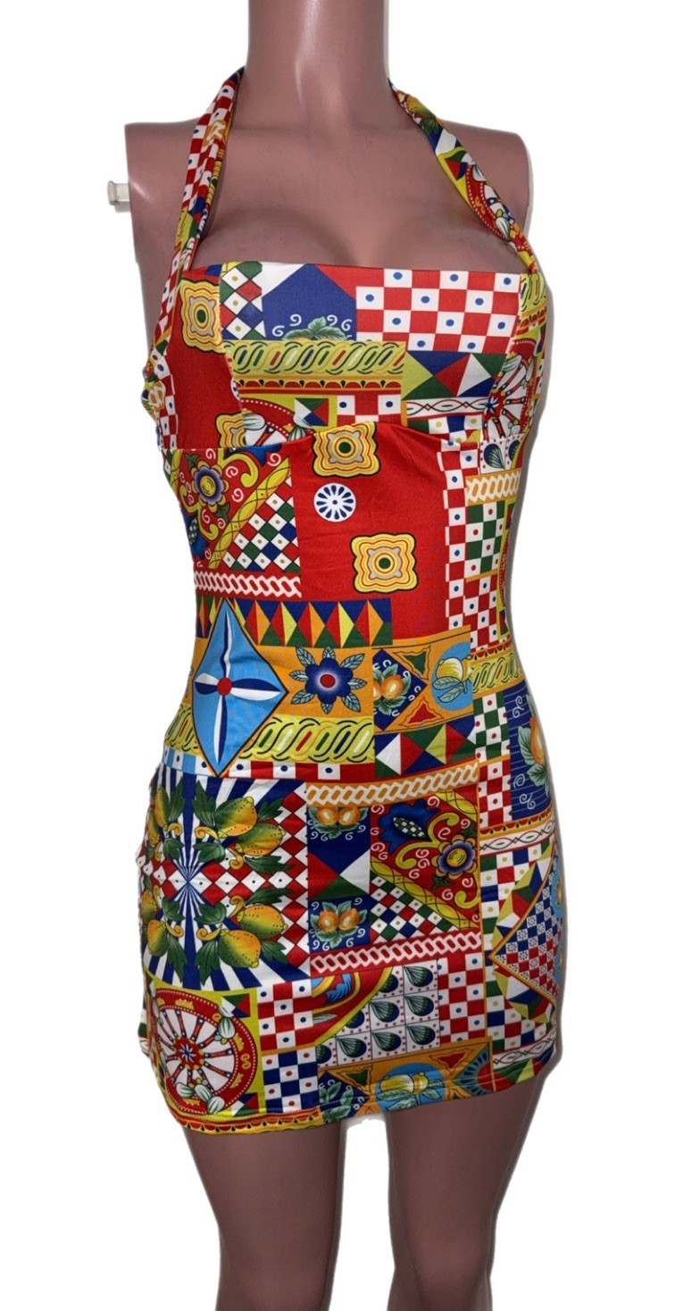 Luau Floral Patchwork Halter Mini Dress New S Vacay Going Out Beach Sundress