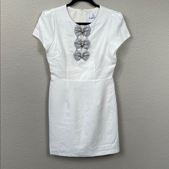 New Sam Edelman Rhinestone Bow Detail Satin Dress White Mini Short Sleeve Sz 8