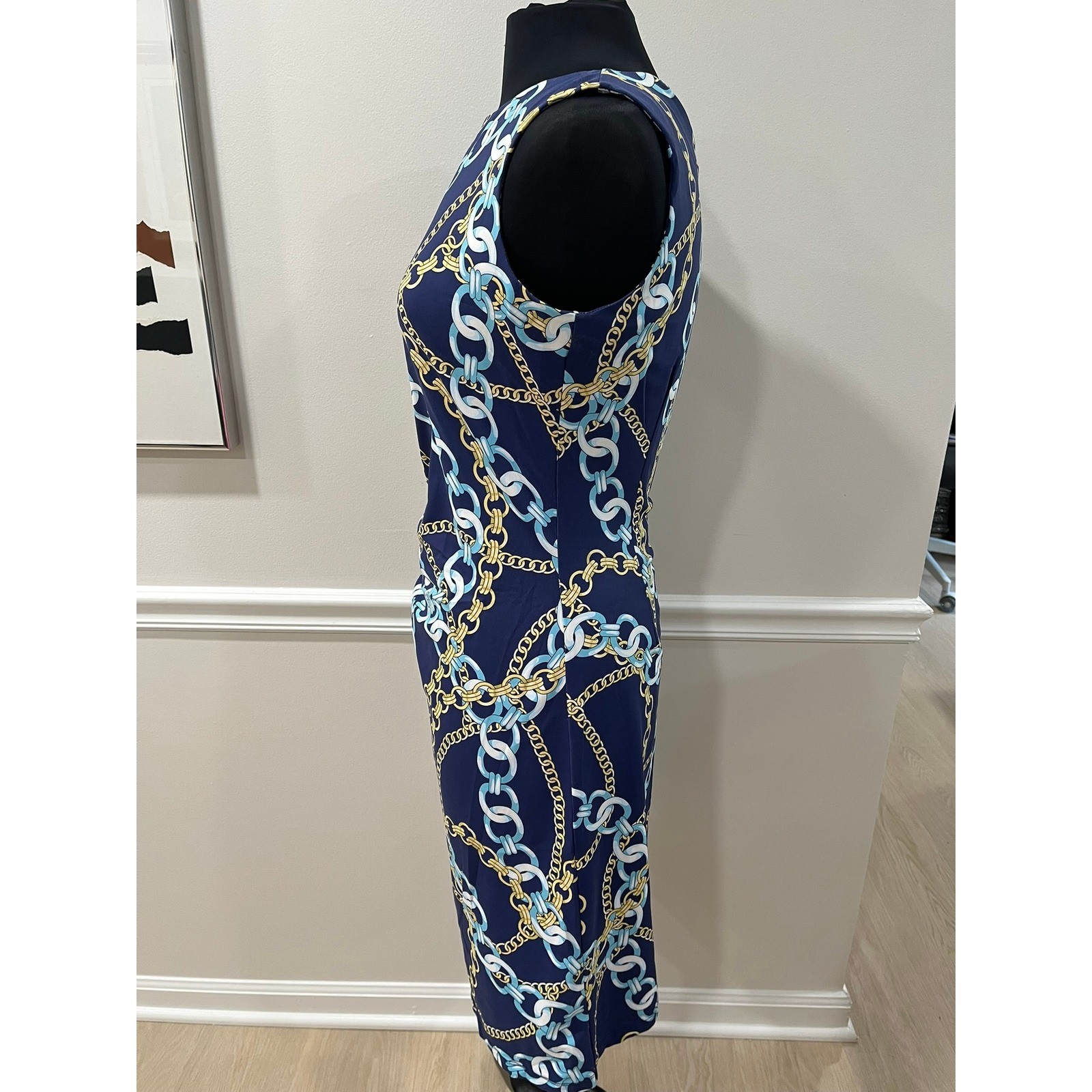 J.McLaughlin Navy Blue Gold Chain Link Print Ruched Sheath Dress Womens Medium