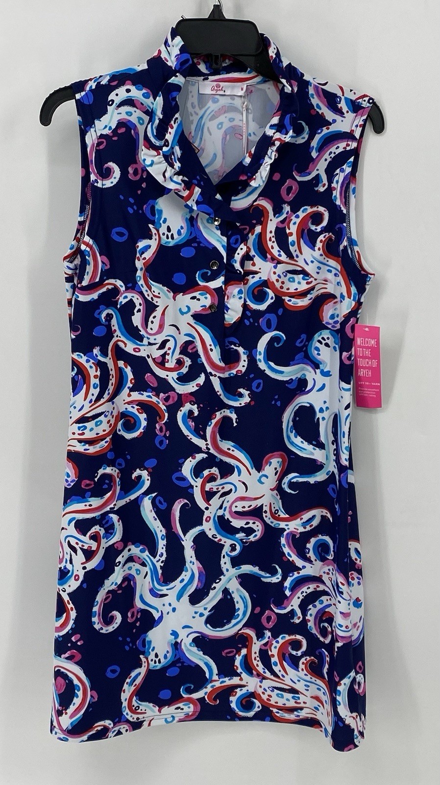 Aryeh Navy Shift Dress Ocean Print Medium Sleeveless Button Collared NWT