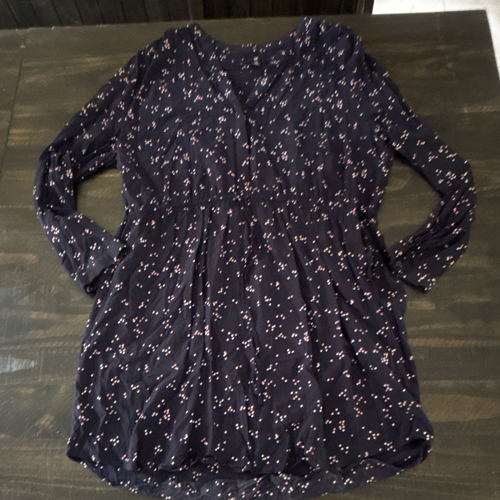 GAP Navy Pink White Polka Dot V-Neck Long Sleeve Short Rayon Dress XXL