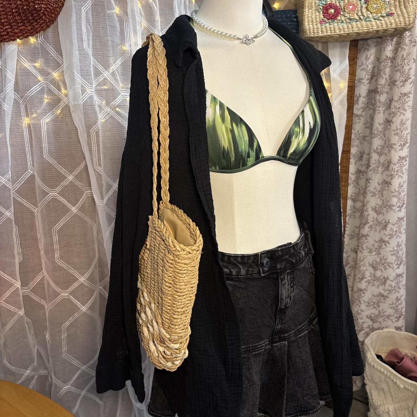 Shade & Shore Black Cotton Gauze Beach Cover Up Shirt Dress Boho Resortwear