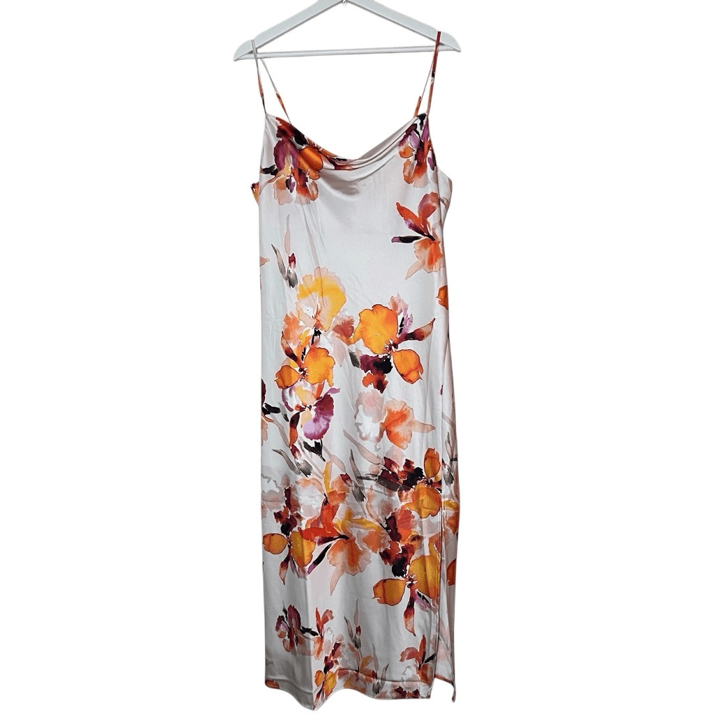 NWT Socialite Satin White Orange Floral Print Cowl Neck Midi Slip Dress XL