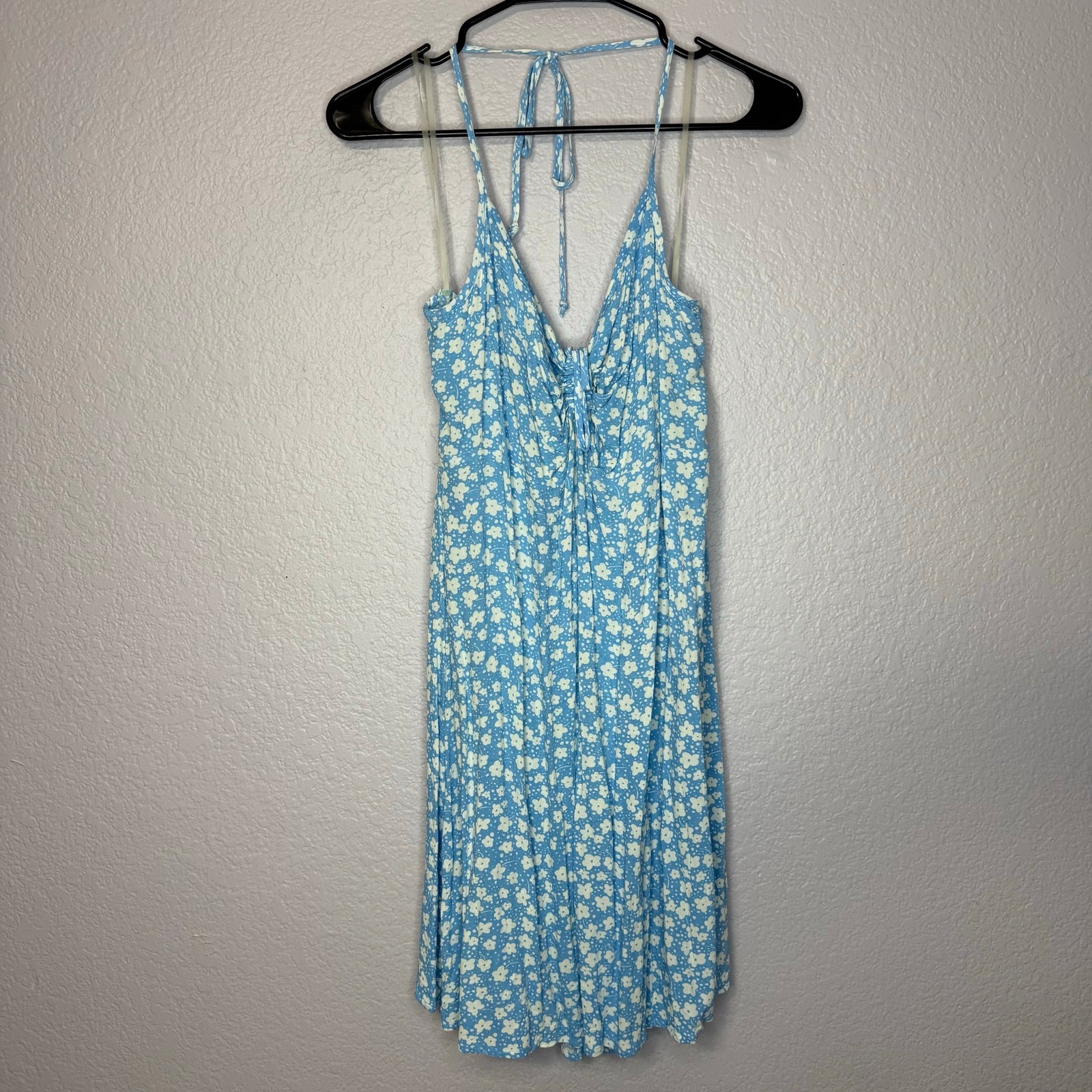 American Eagle Blue Floral Halter Mini Dress Women’s Large Boho Tie Back NWT