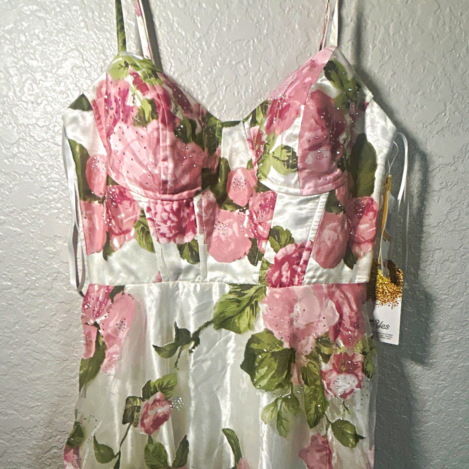 City Studio Juniors 7 White Pink Floral Satin Maxi Dress Sweetheart Rhinestone
