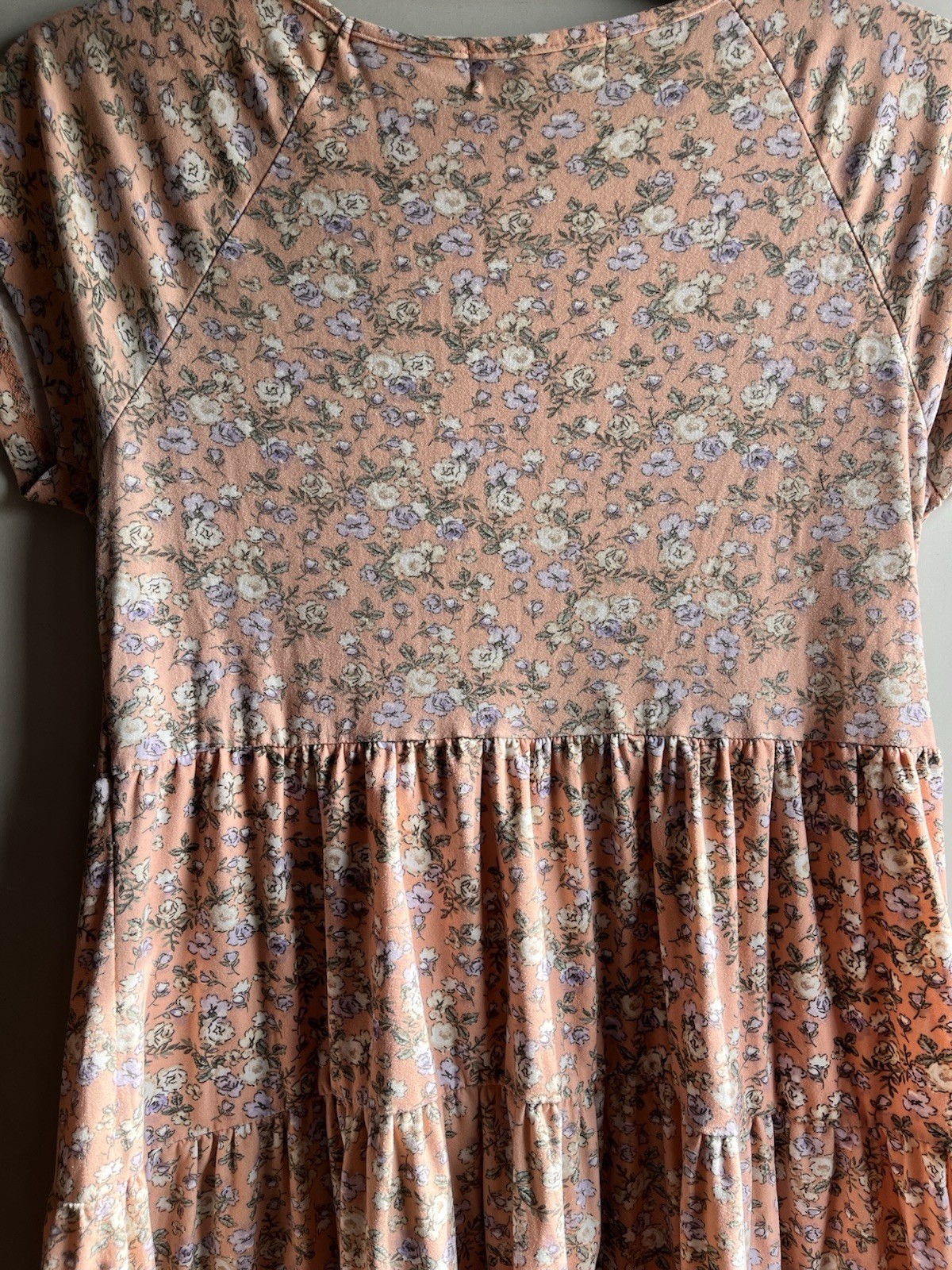 No Comment Peach Multicolor Floral Ruffle V-Neck Cap Sleeve Mini Dress M
