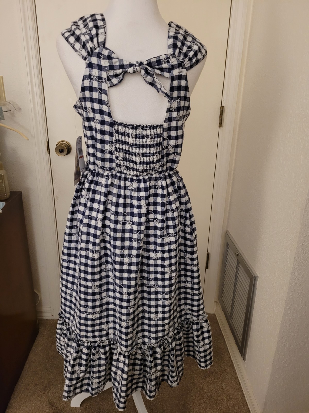 Blueberi Boulevard Navy Gingham Embroidered Midi Dress Bow Back Cottagecore Med