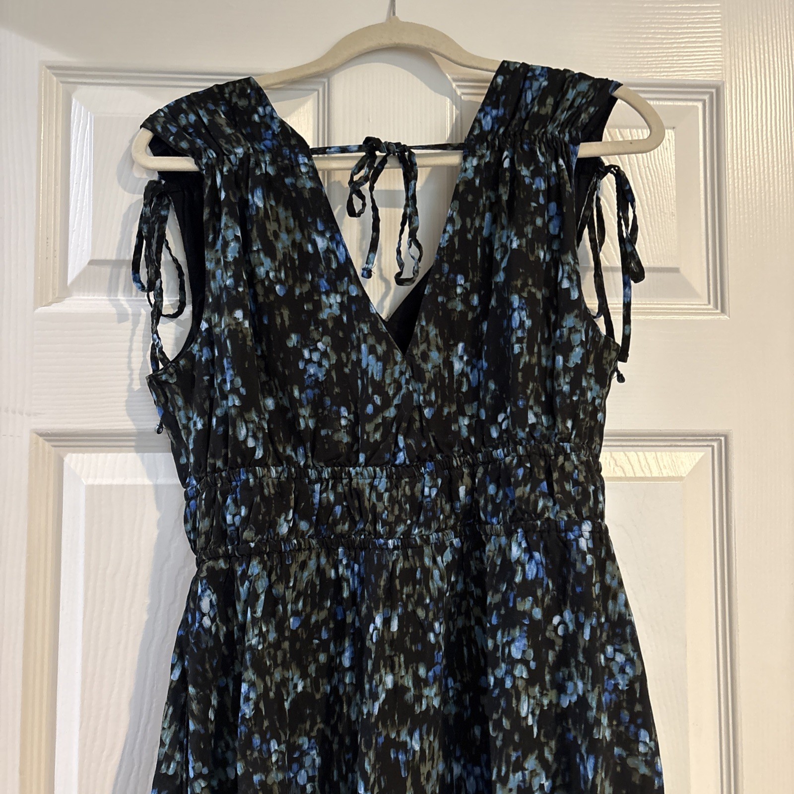 Time and Tru Black Soot Blue Green Abstract Print V-Neck Dress Large