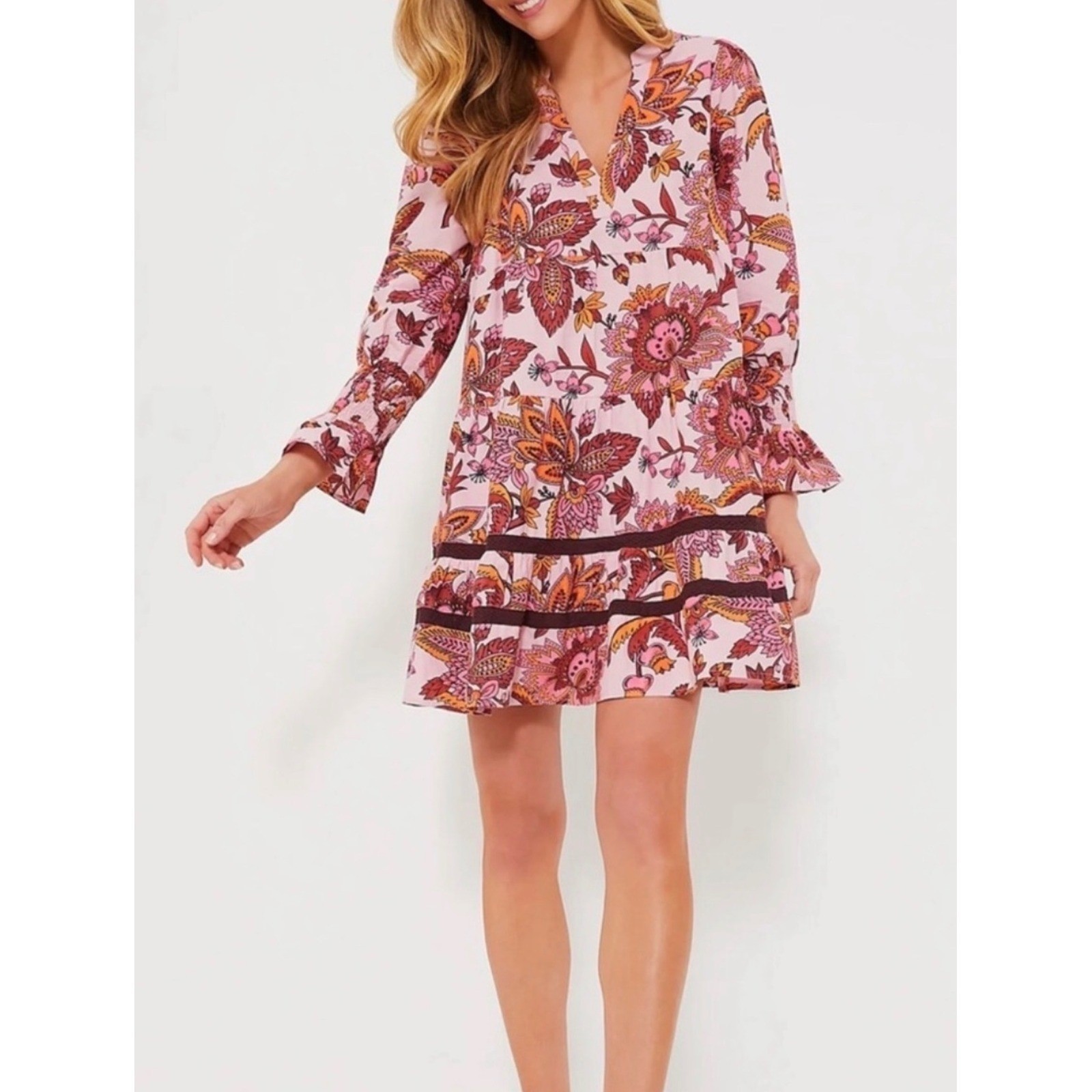 Tuckernuck Sunset Pink Ornate Chintz Kenzo Dress Floral Tiered Mini Ruffle M NWT