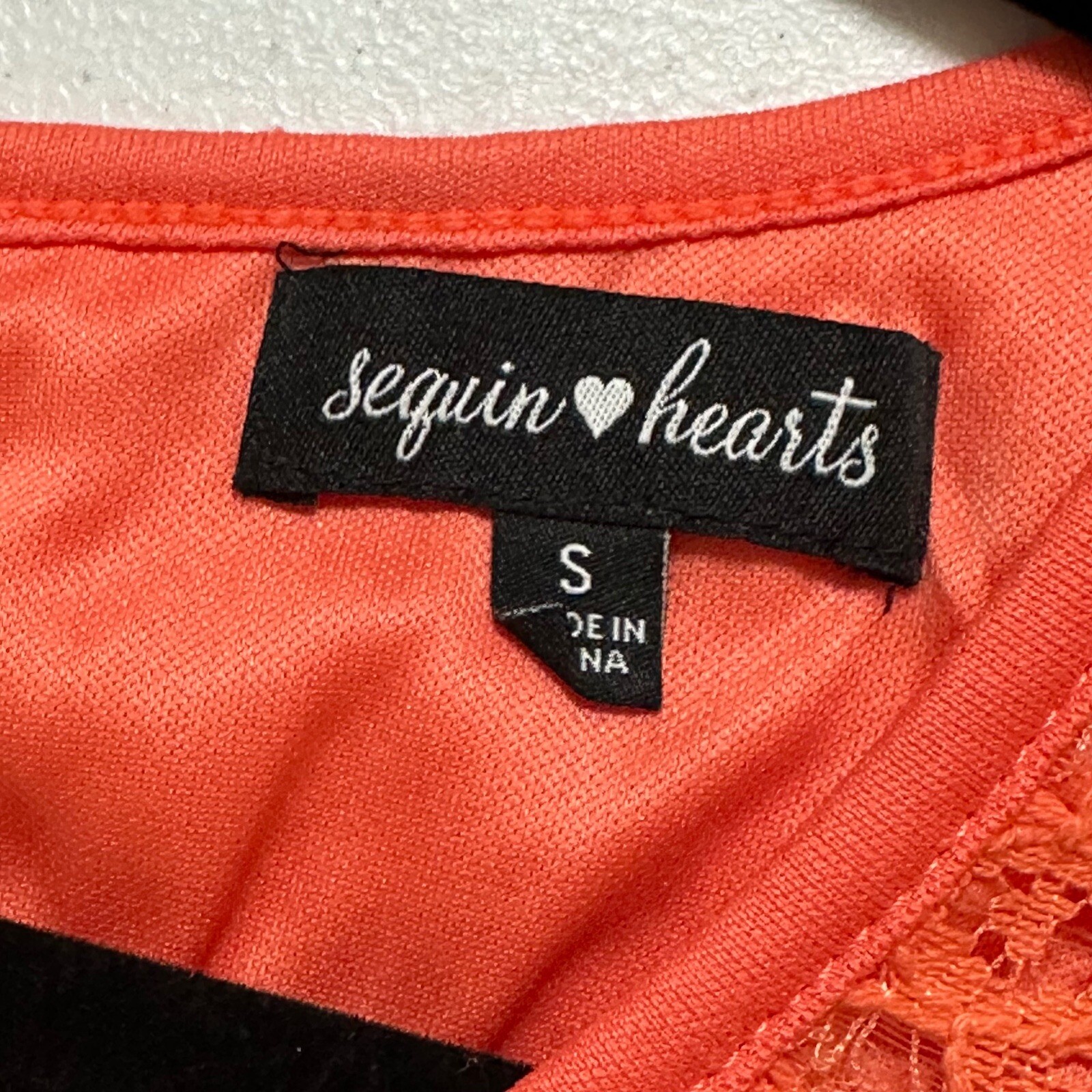 Sequin Hearts Orange Crochet Lace Mini Dress Cap Sleeve Sheath Keyhole Lined S