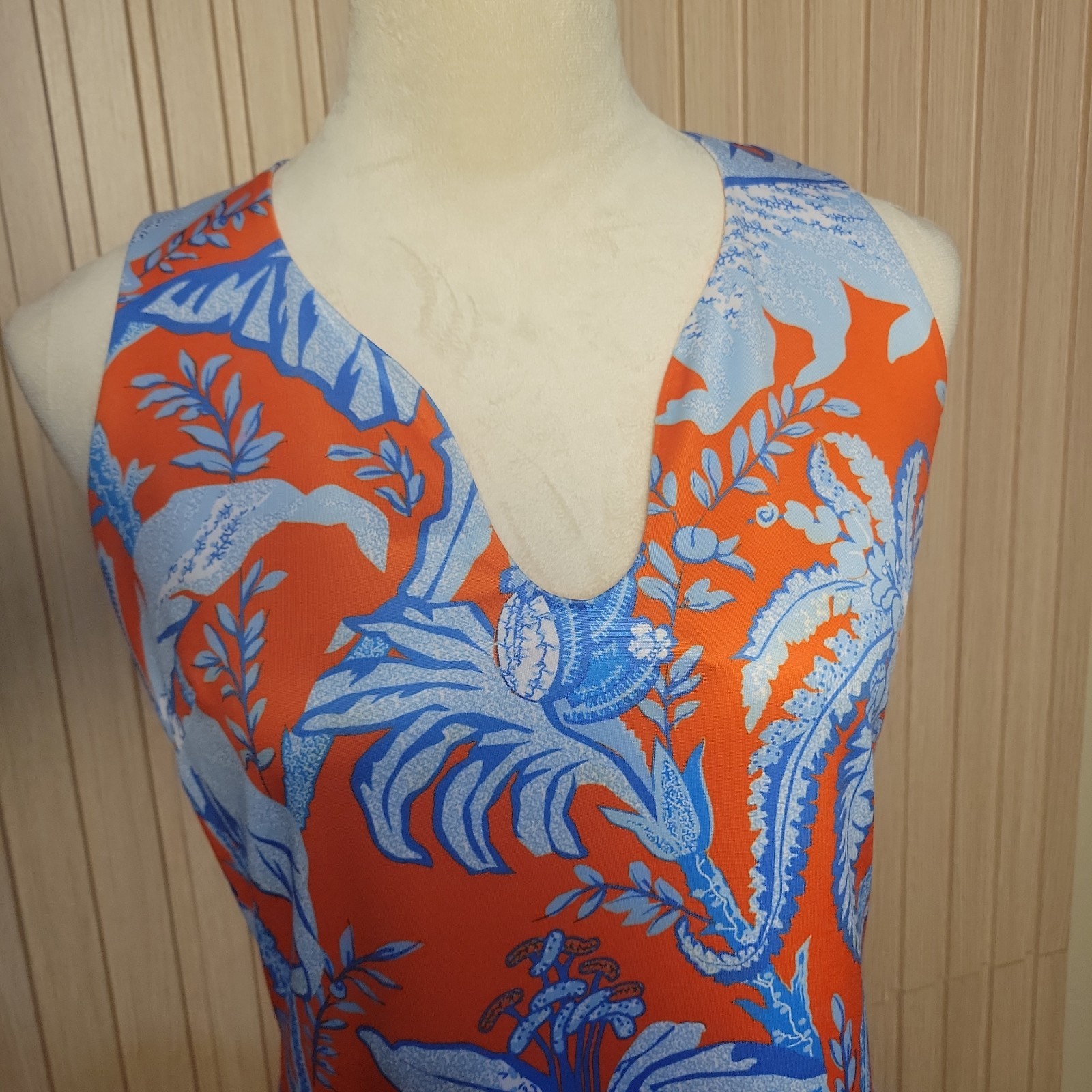 Gretchen Scott Dress Womens Small S Orange Blue Tropical Floral Shift V-Neck