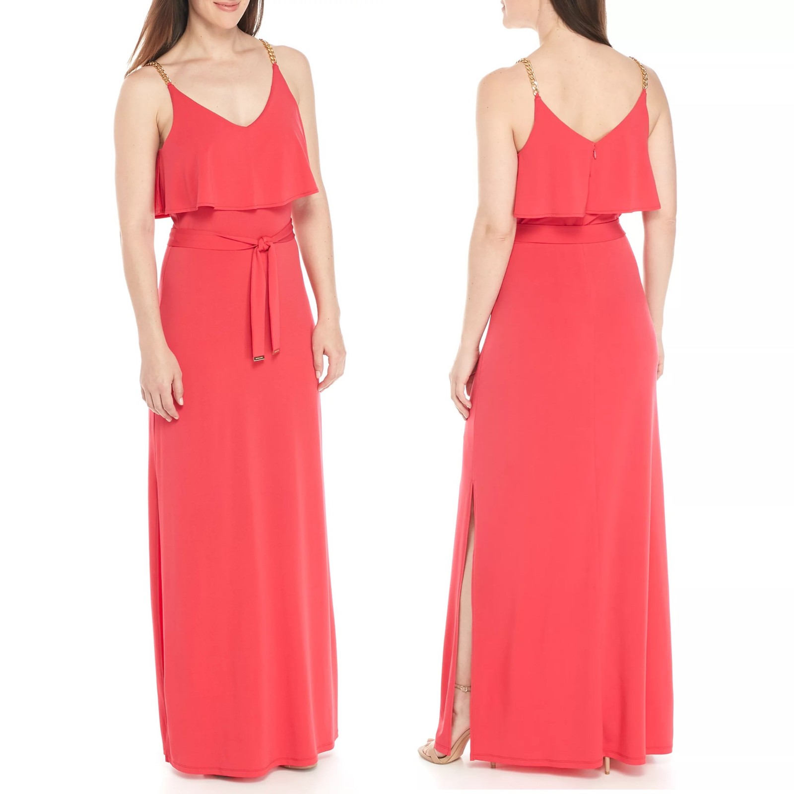 MICHAEL Michael Kors Gold Chain Straps Sleeveless Flutter Bodice Maxi Dress, XS