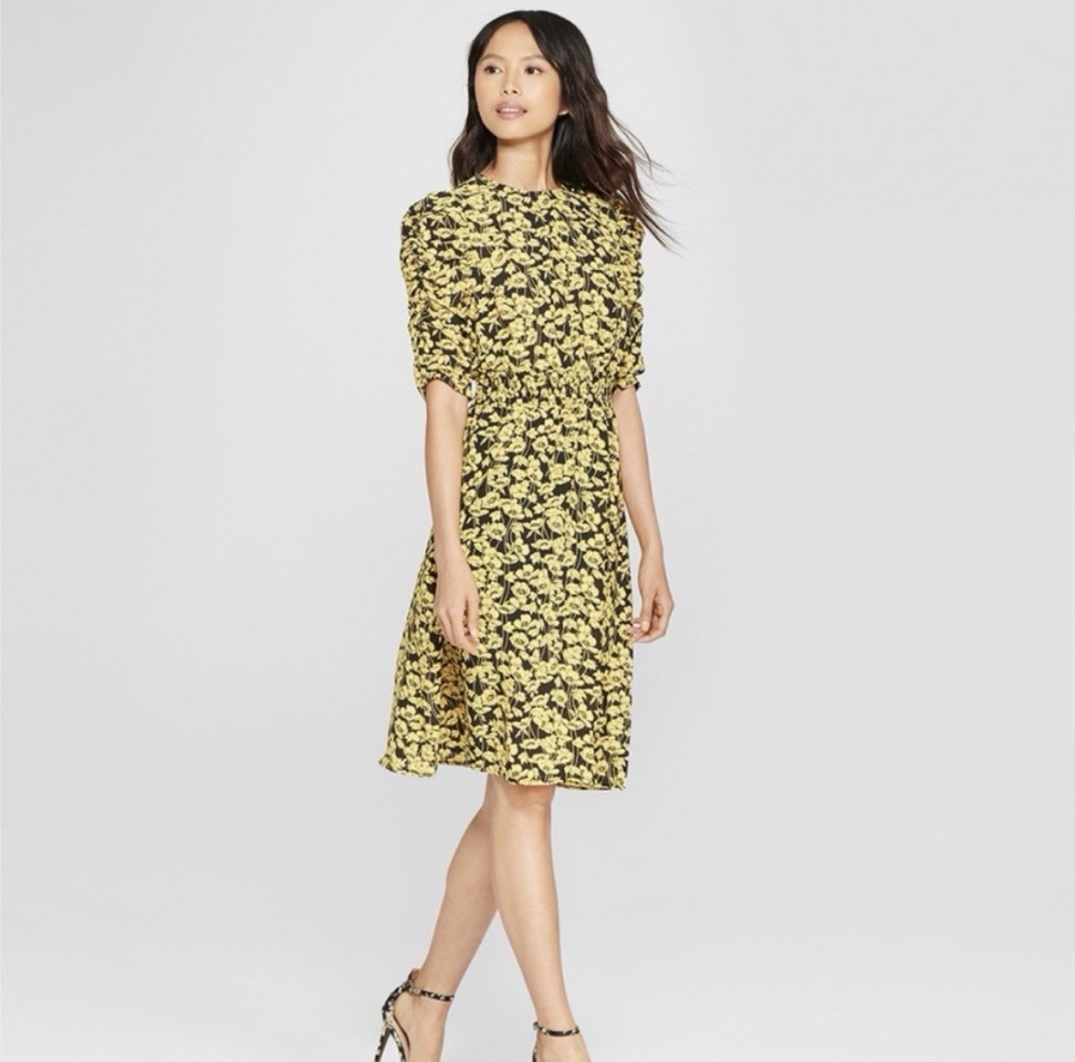 Who What Wear Floral A-Line Knee Dress Round Neck Puff 3/4 Sleeve Smocked M