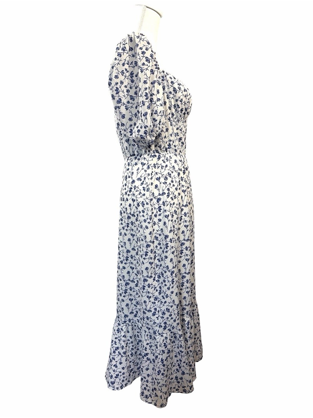 Commense Blue Square Neck Puff Sleeve Floral Cloud Midi A-Line Dress Size Large