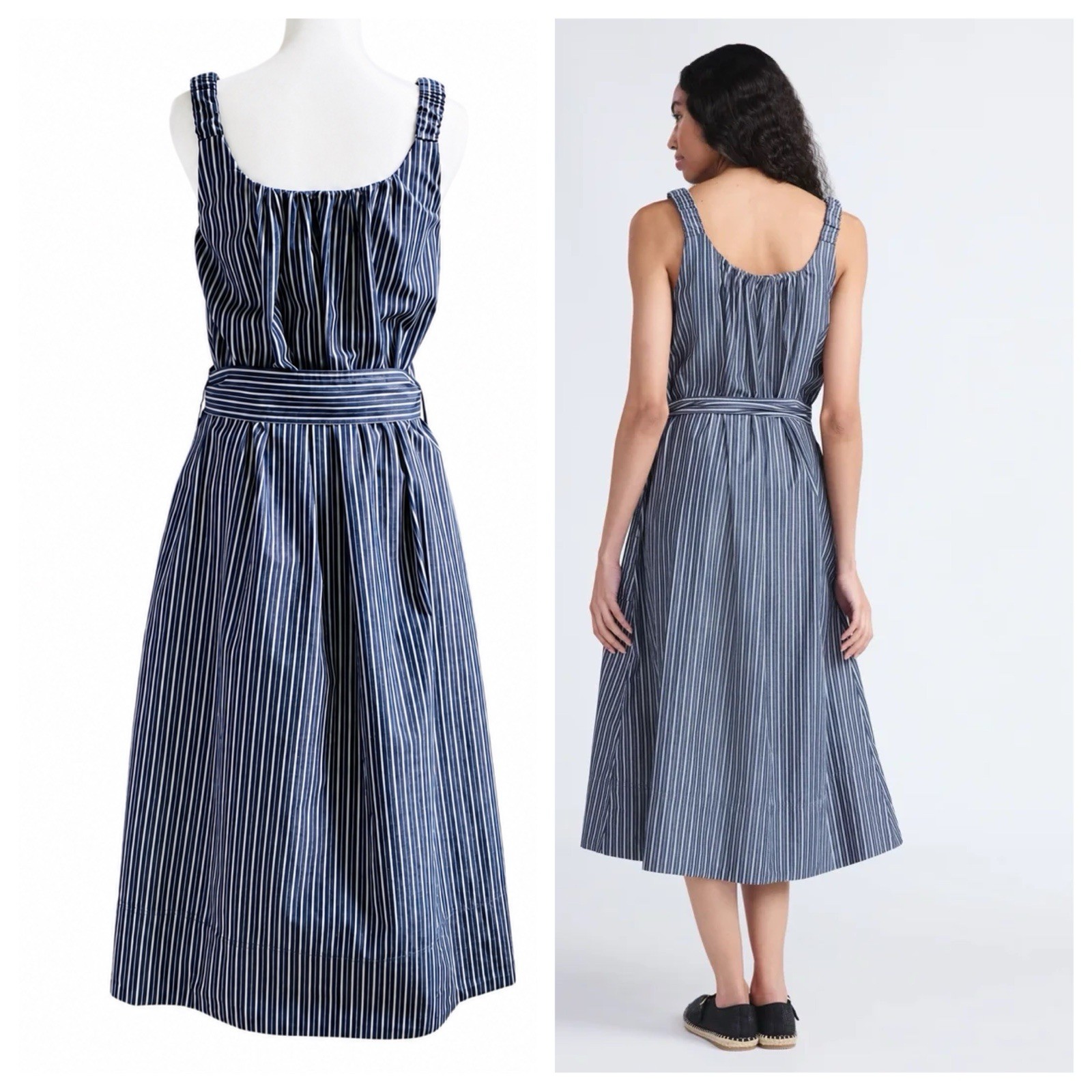 Free Assembly | Belted Cotton Utility Midi Dress Pockets Navy White Striped | XS