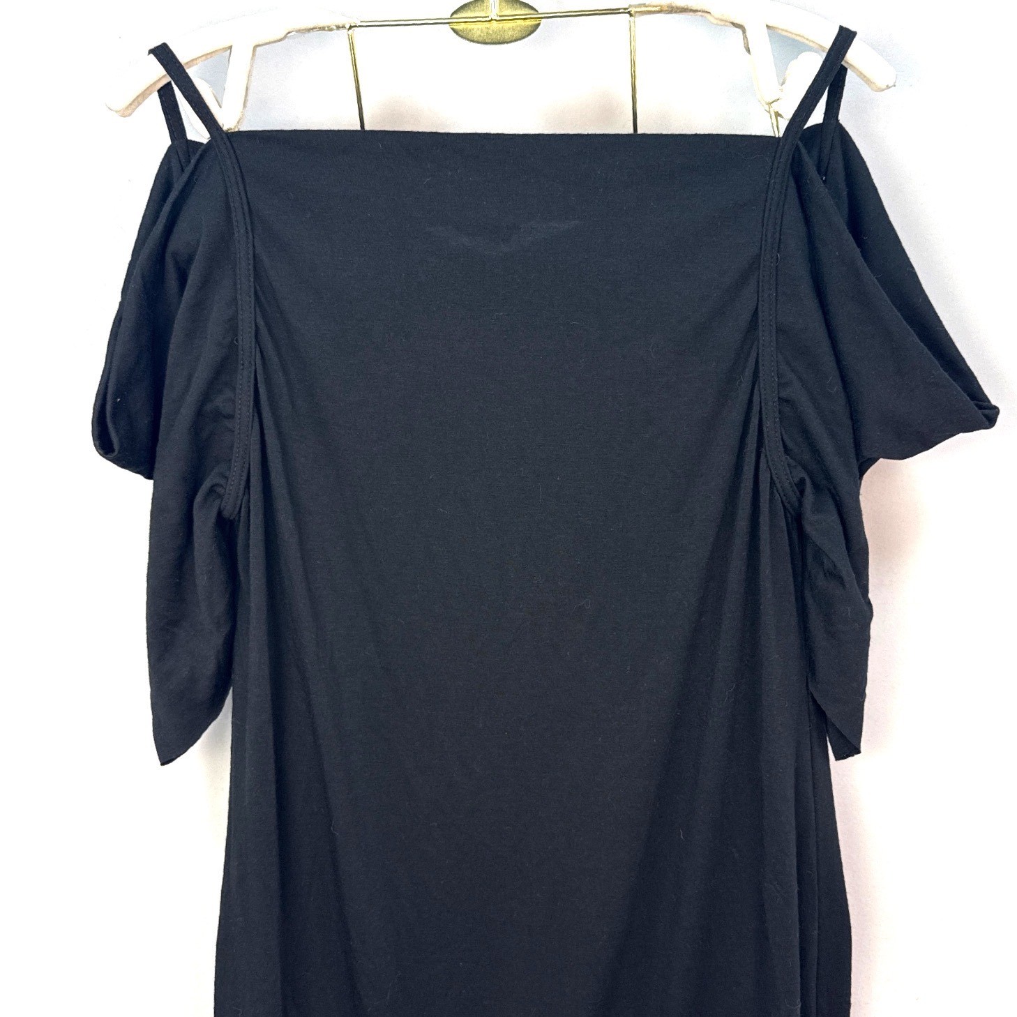 French Atmosphere Black Cold Shoulder Ruched Mini Dress Large 5477 Made in USA