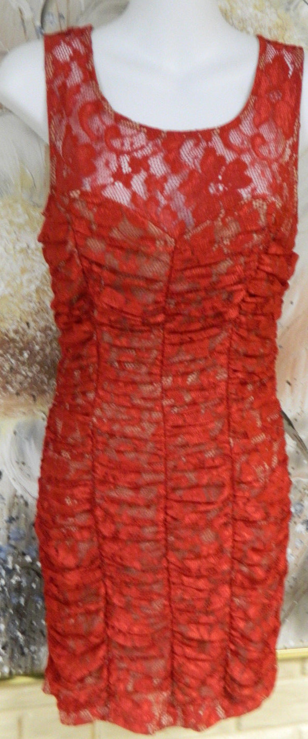 NWT ELEGANT SEXY JUNIORS SZ SMALL WINDSOR RED LACE OVER ECRU POLY STRETCH DRESS