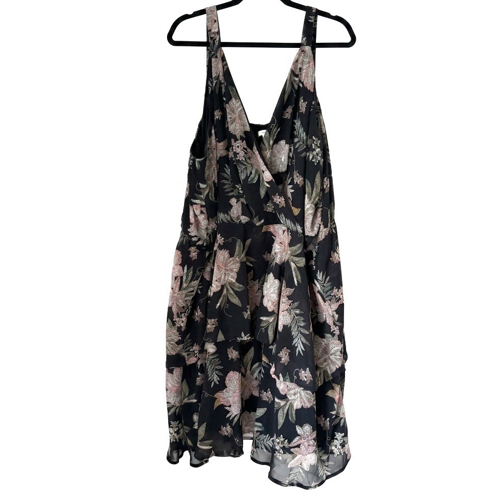 Maurices Plus Size 4X Floral Dress Tiered Ruffle V-Neck Black Pink Metallic Glit