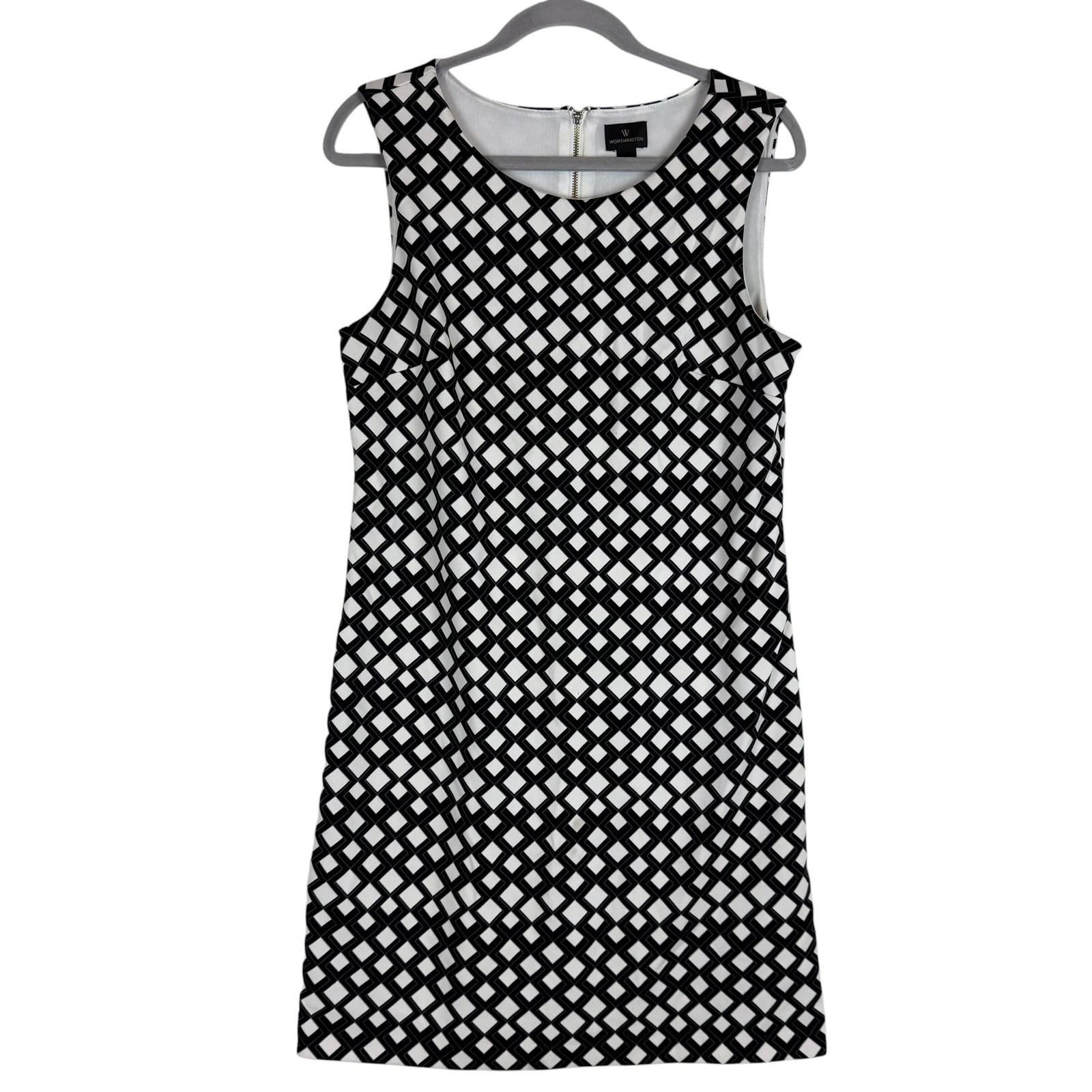 Worthington Dress Womens M Black White Geometric Sheath Sleeveless Knit Zip Back