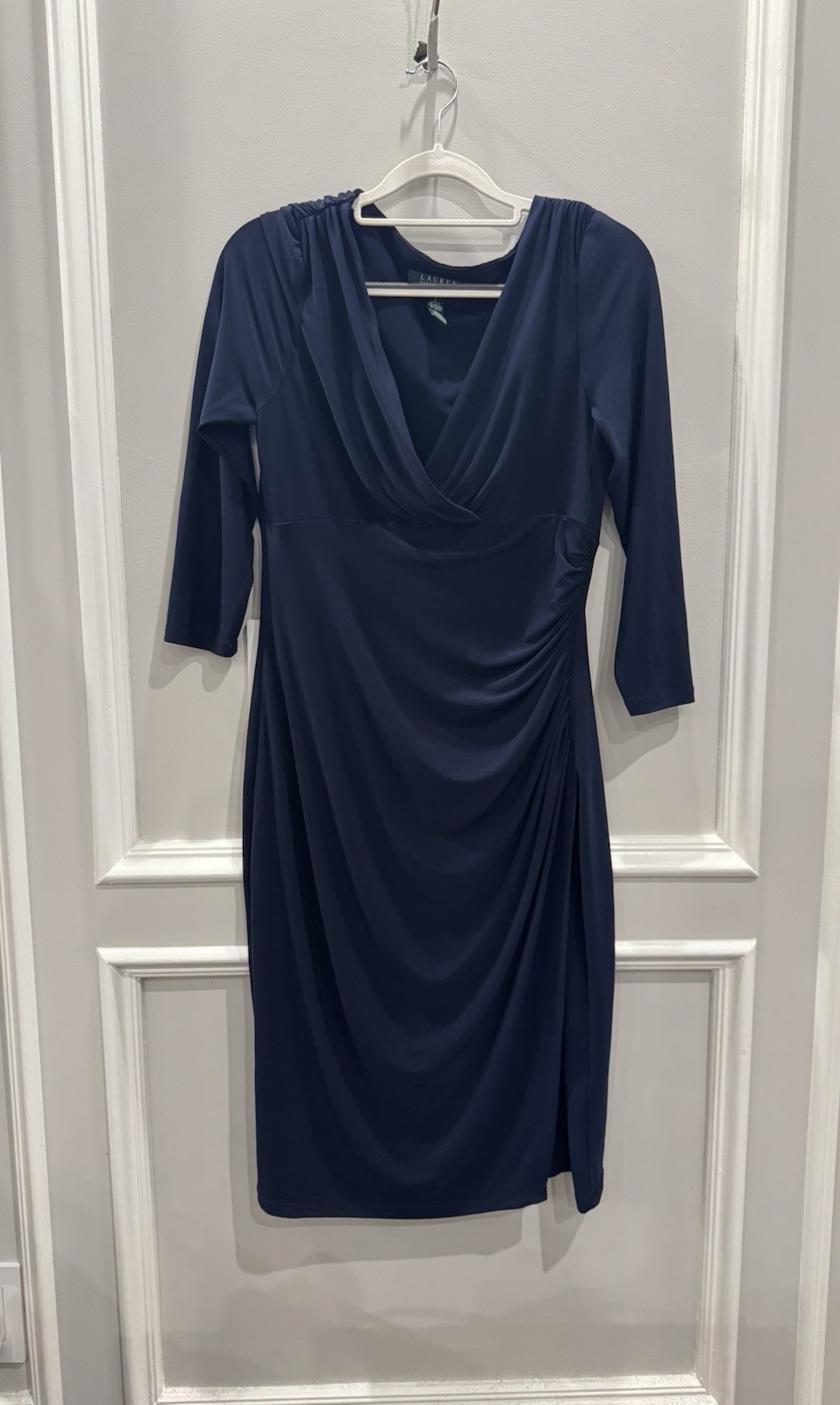 Lauren Ralph Lauren Navy Blue Wrap Ruched Cocktail Sheath Dress Drape Neck 8