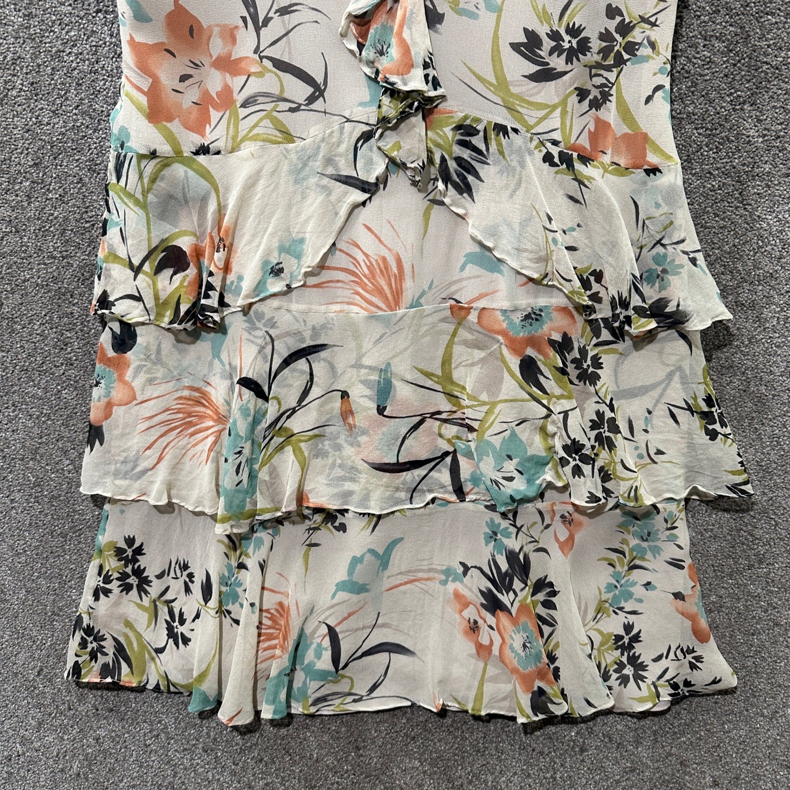 David Warren 100% Silk Tiered Ruffle Midi Dress Size 12 Floral Fairy Romantic