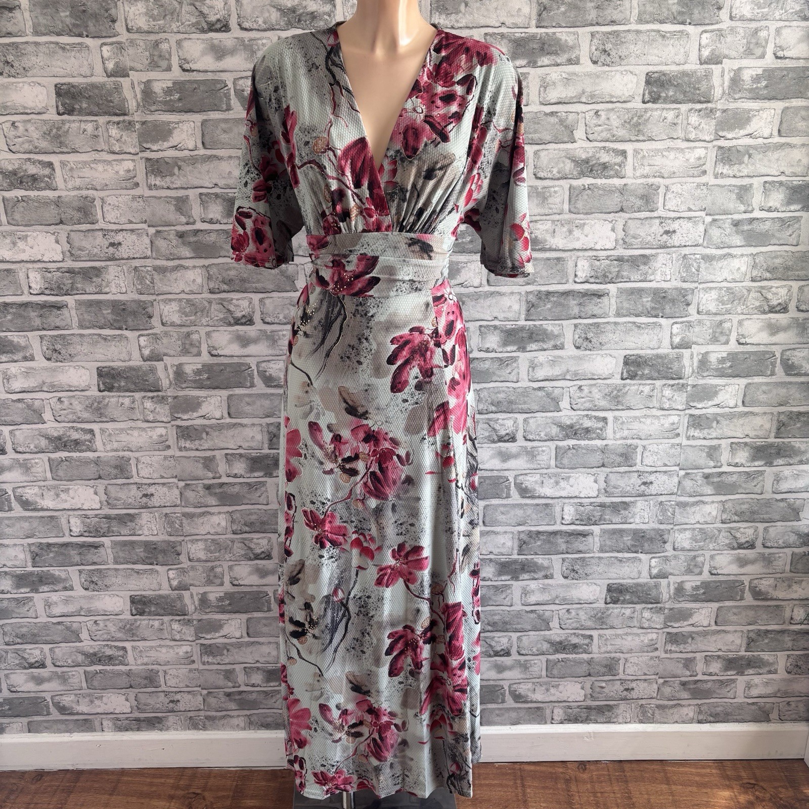 068 Green Pink Gold Floral Angel Sleeves Floaty Style Long Maxi Dress Size 20