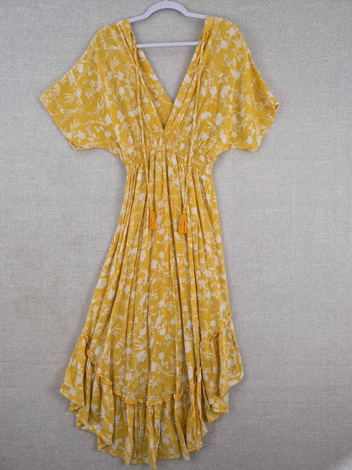 Yellow White Floral V-Neck Smocked Hi-Low Ruffle A-Line Dress M RN 137360