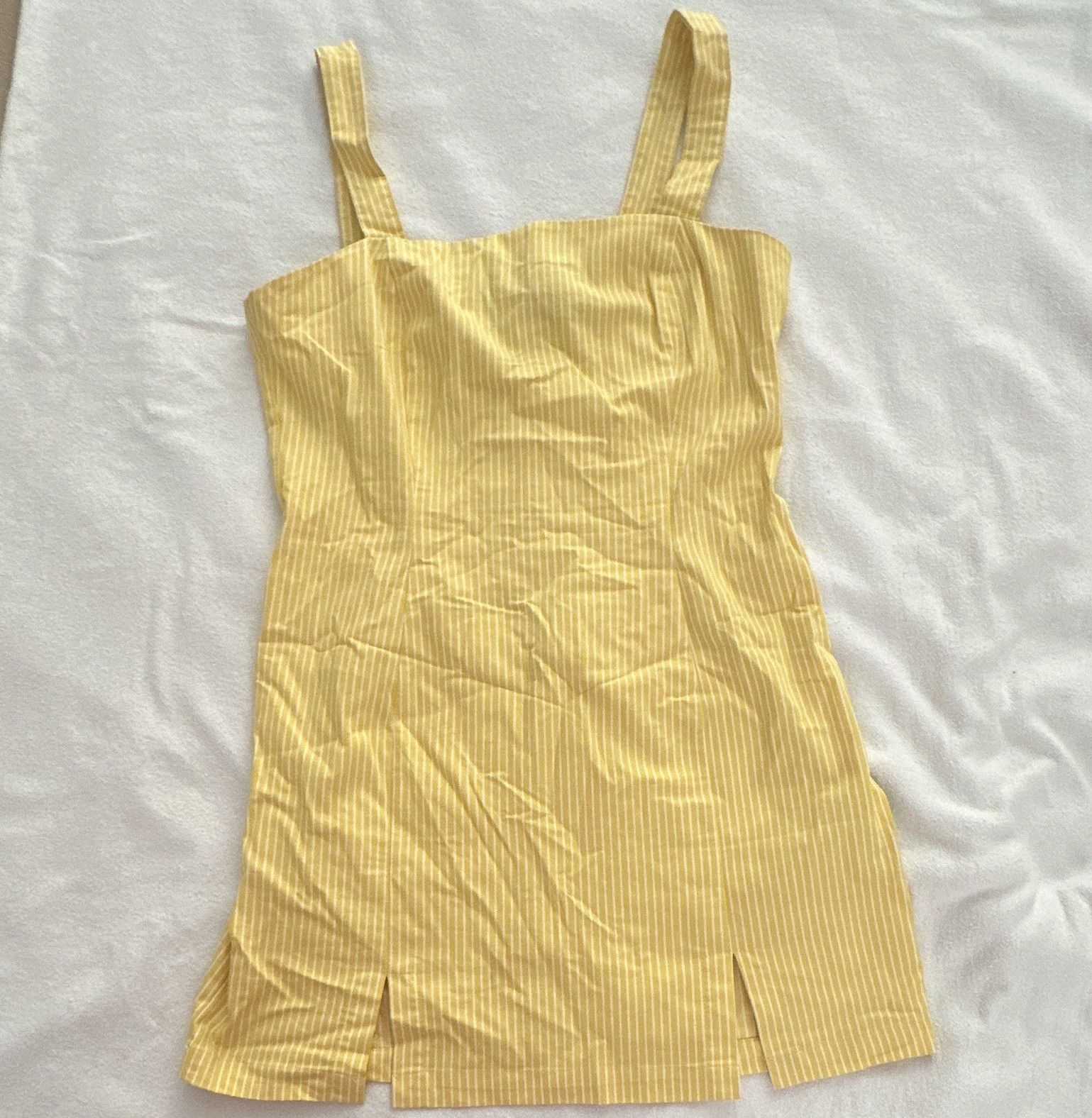 FOREVER 21 Yellow/White Striped Square Neck Strappy Mini Sundress, Size L