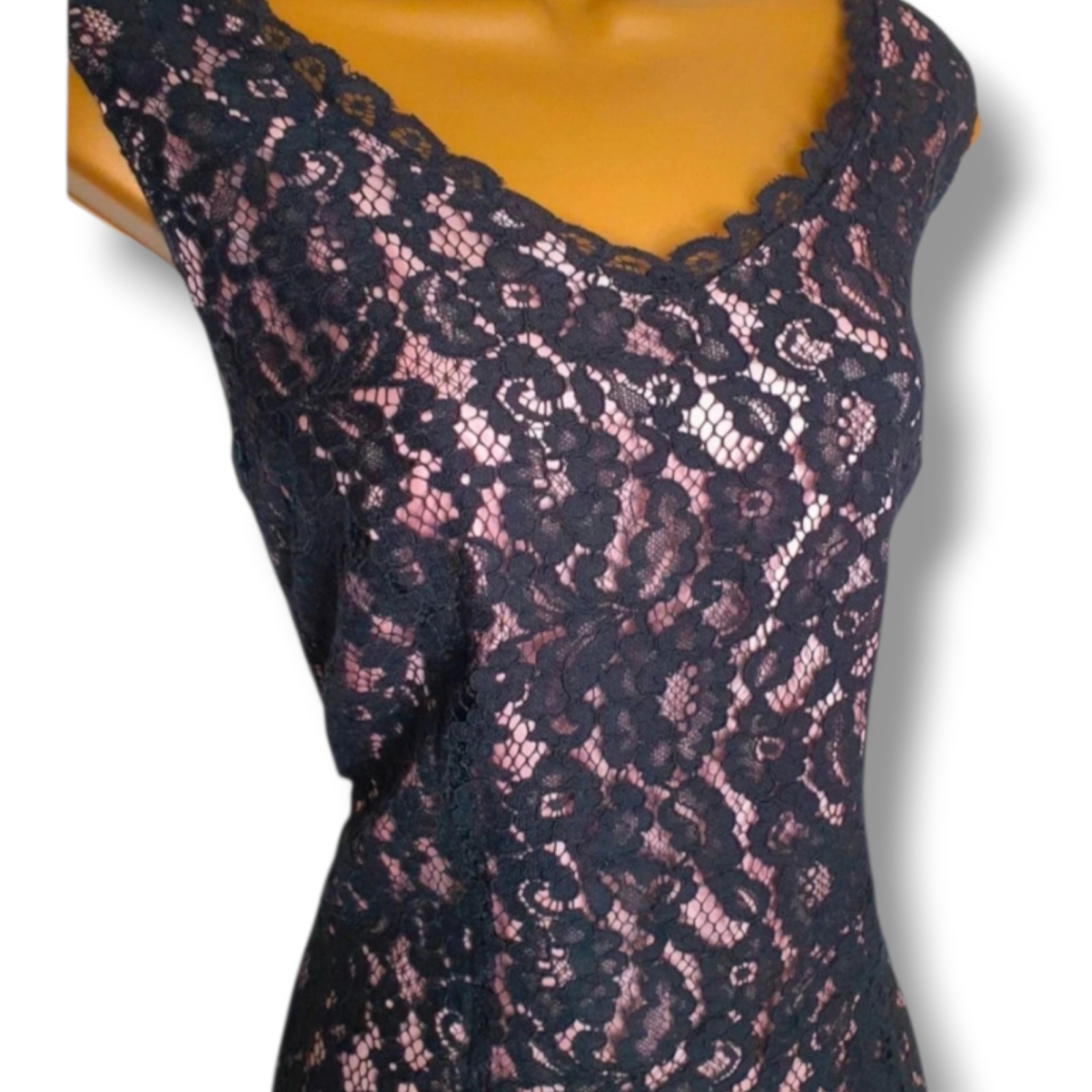 Jacques Vert Black Lace Dress Size 12 Pink Satin Lining Evening Party Cruise
