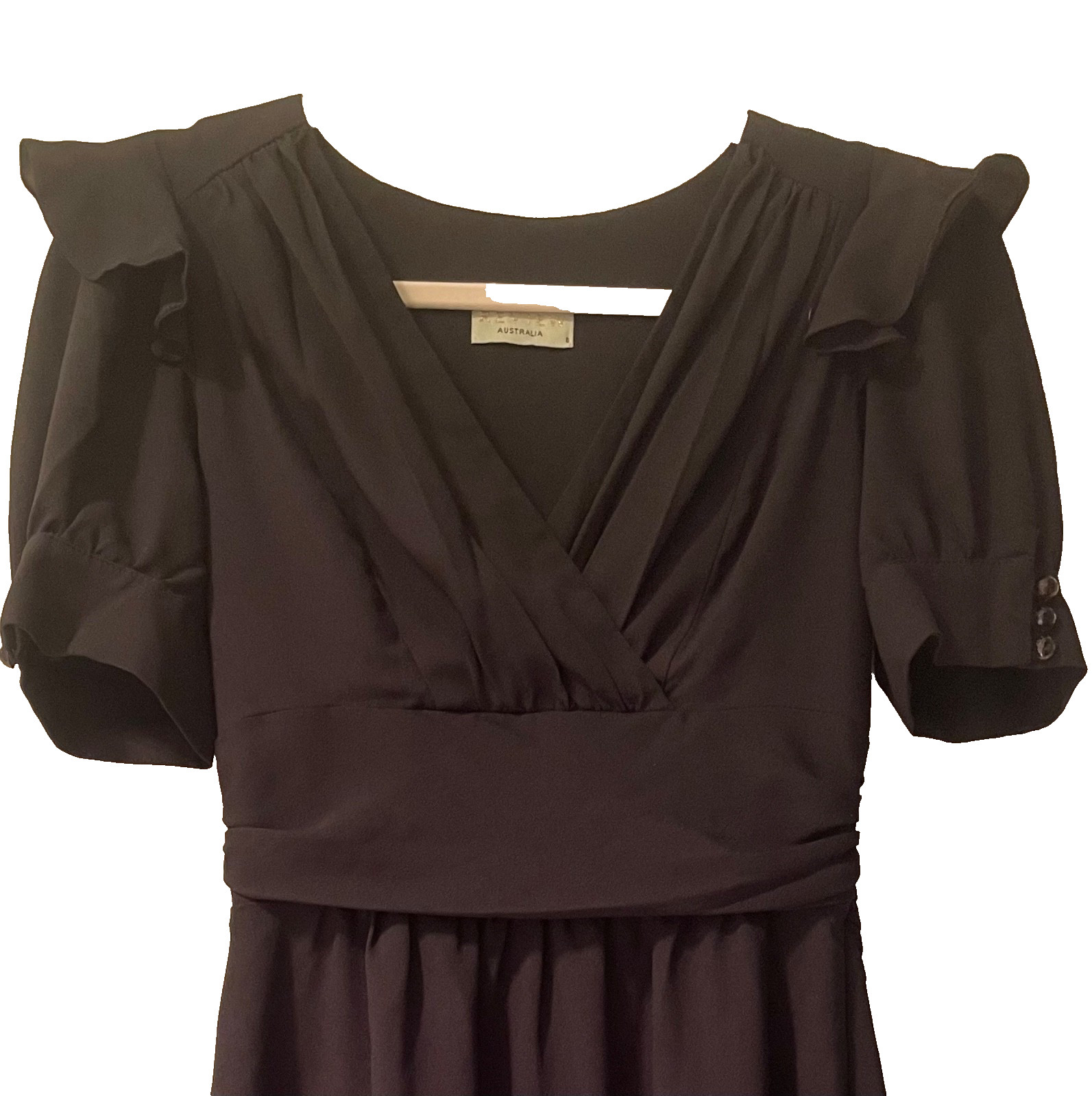 Review Dress Size 6 Black Pleated Ruffle Buttons Chiffon Fit & Flare Party Work