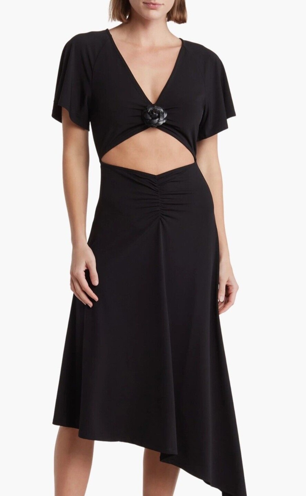 We Wore What Cutout Asymmetrical Midi Dress With Faux Leather Rosette At Bust M